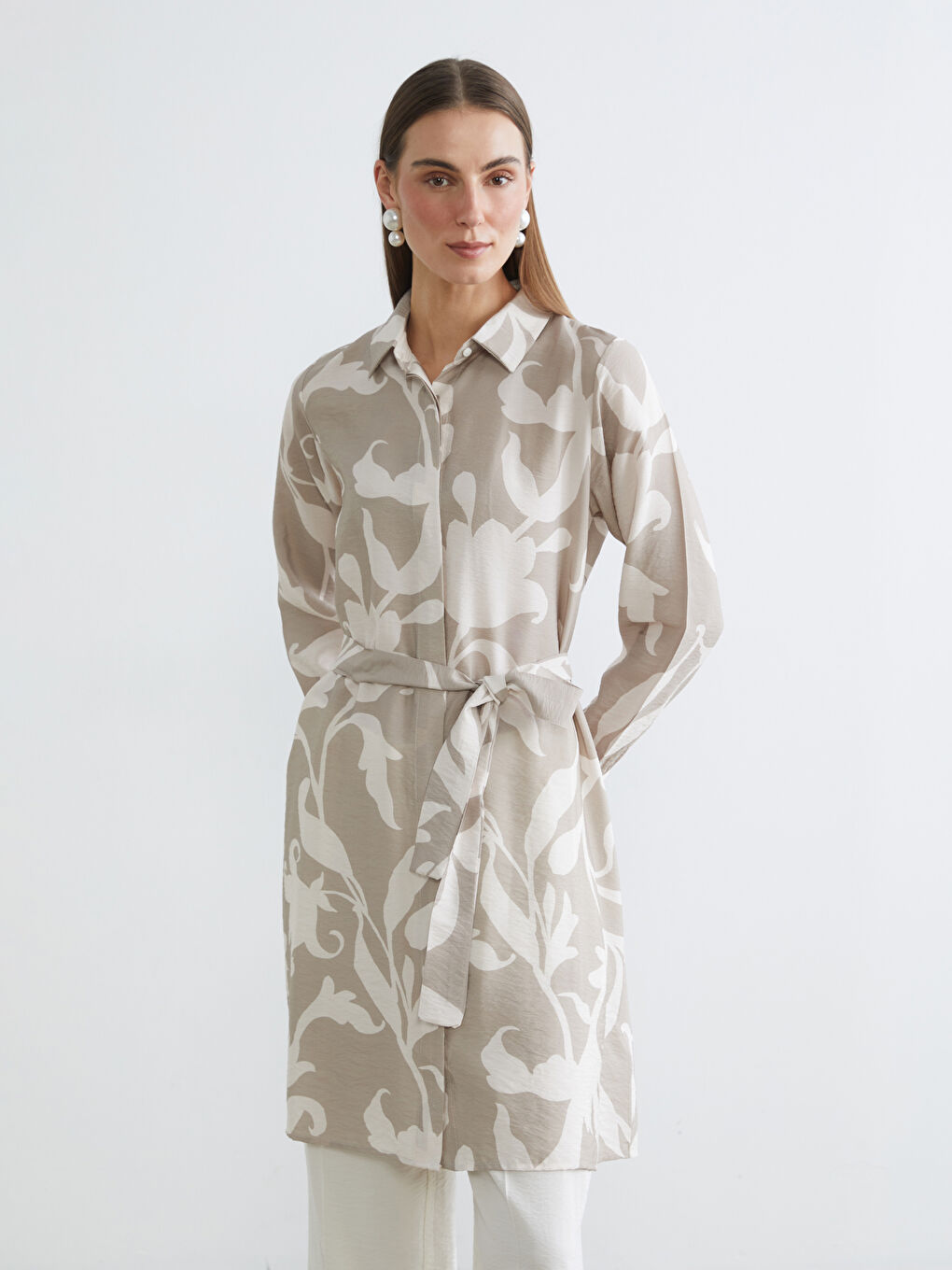 Kahverengi Desenli Kadın Gömlek Tunik