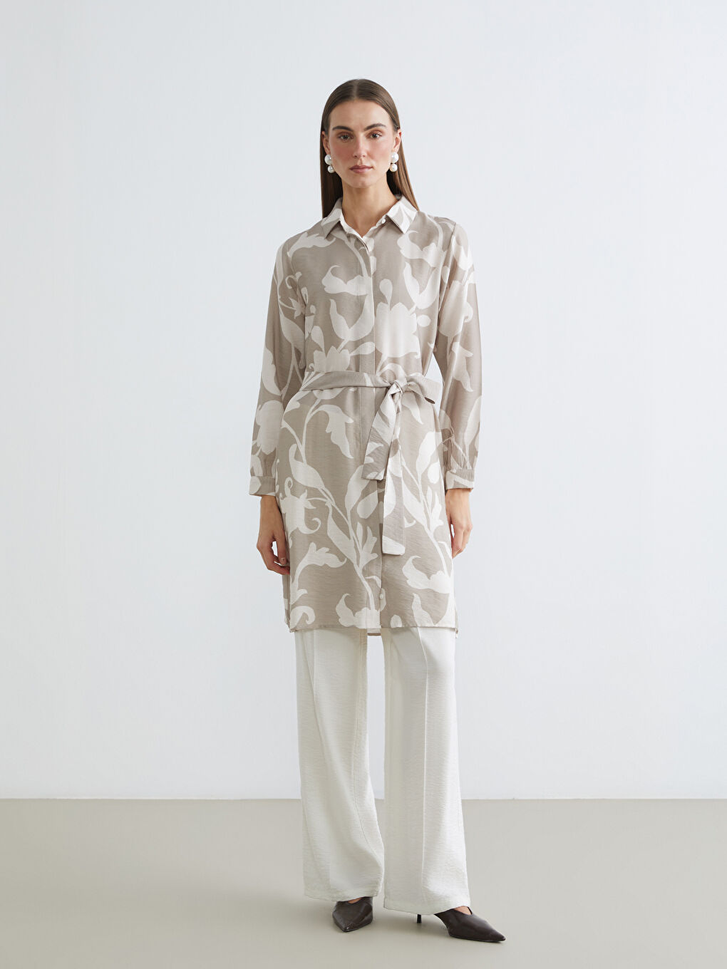 Kahverengi Desenli Kadın Gömlek Tunik-1