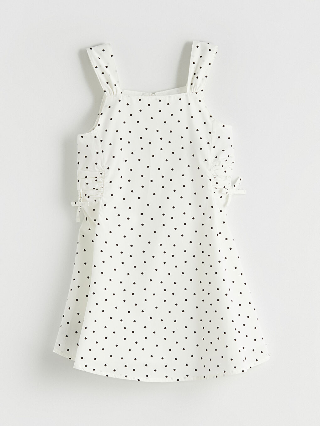 Ekru Kare Yaka Puantiyeli Kız Çocuk Elbise