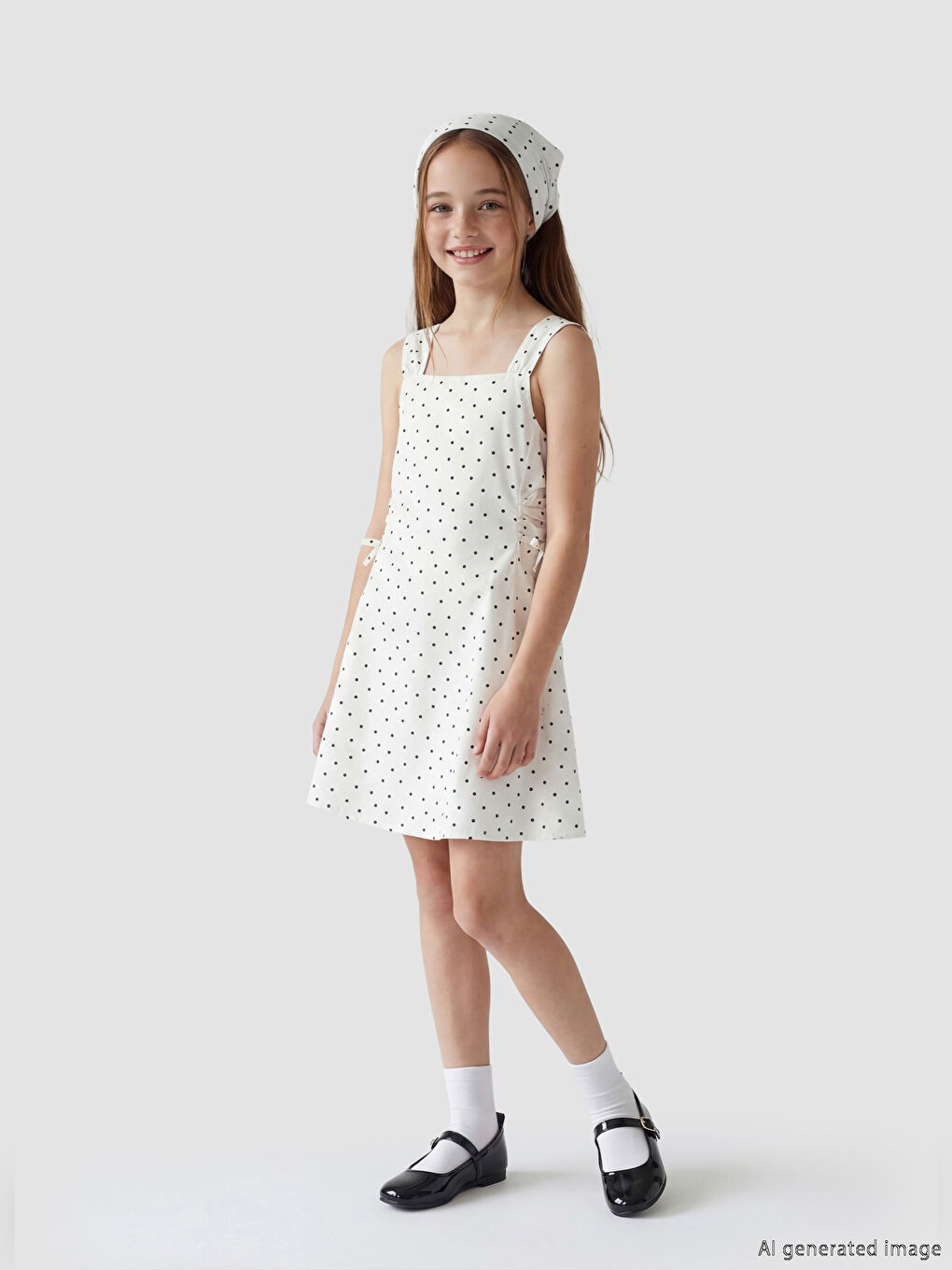 Ekru Kare Yaka Puantiyeli Kız Çocuk Elbise