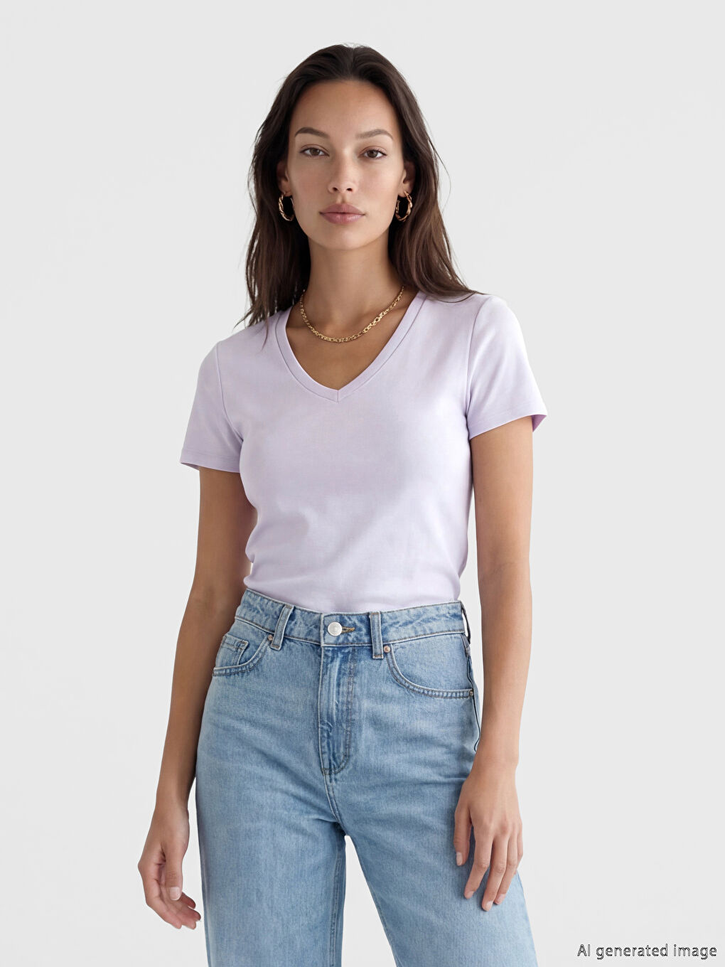 Lila V Yaka Soft Touch Kadın Tişört	