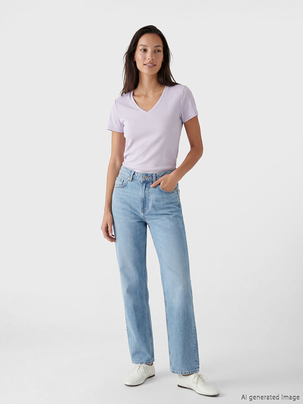 Lila V Yaka Soft Touch Kadın Tişört	-1