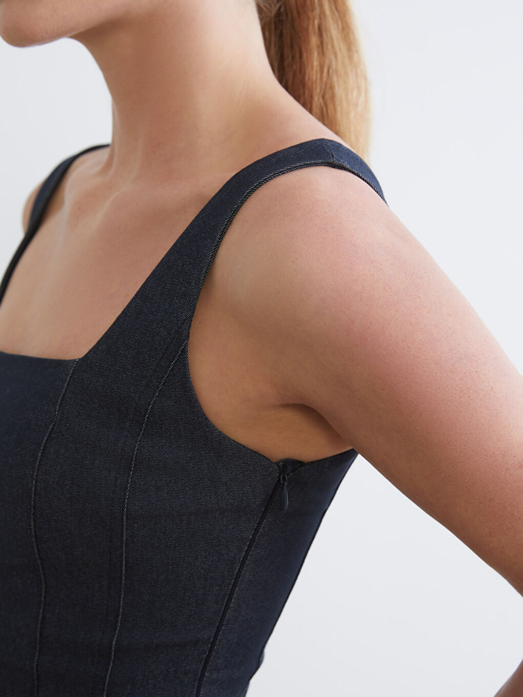 İndigo Kare Yaka Pileli Mini Jean Elbise-2