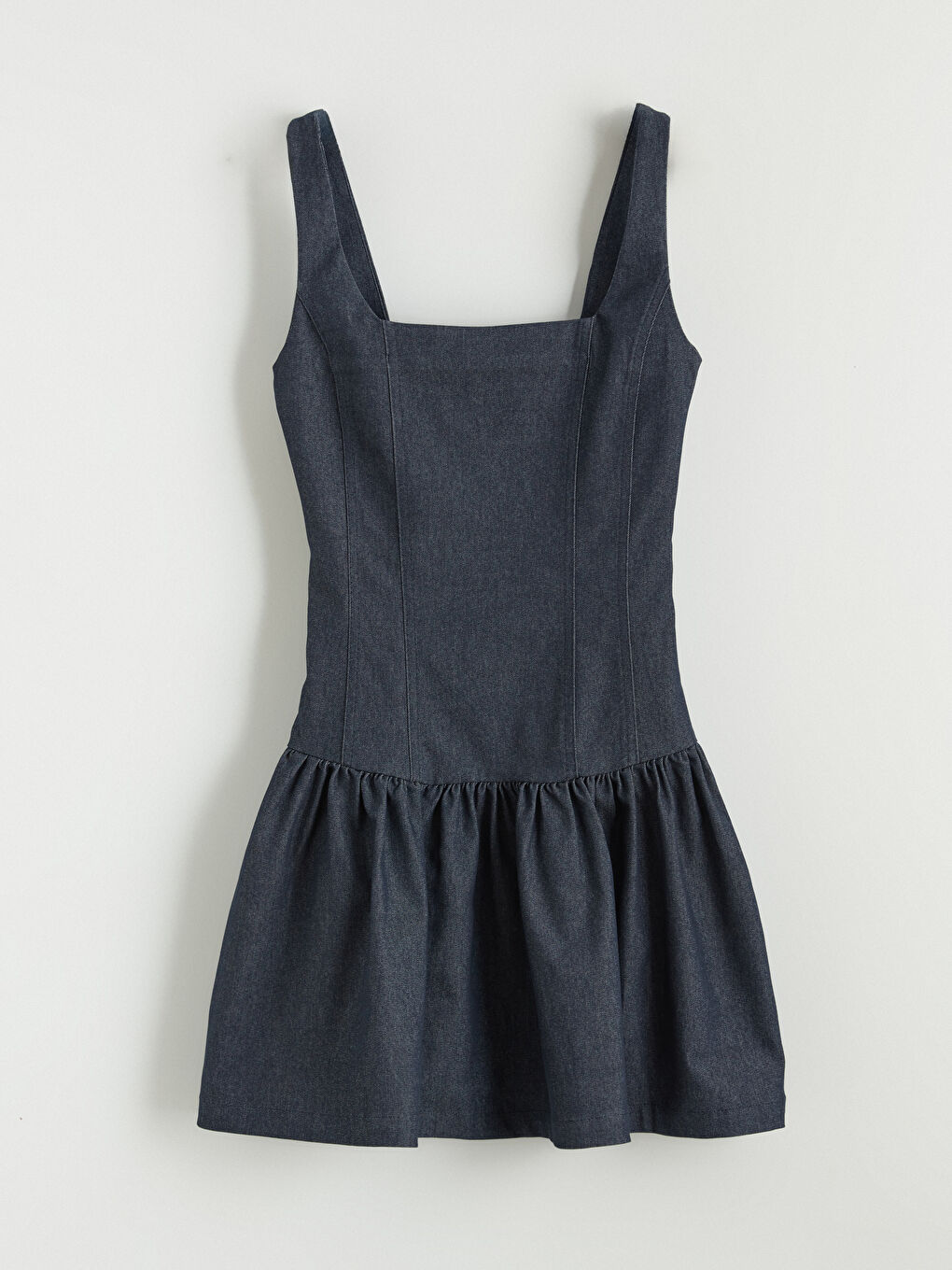 İndigo Kare Yaka Pileli Mini Jean Elbise-4