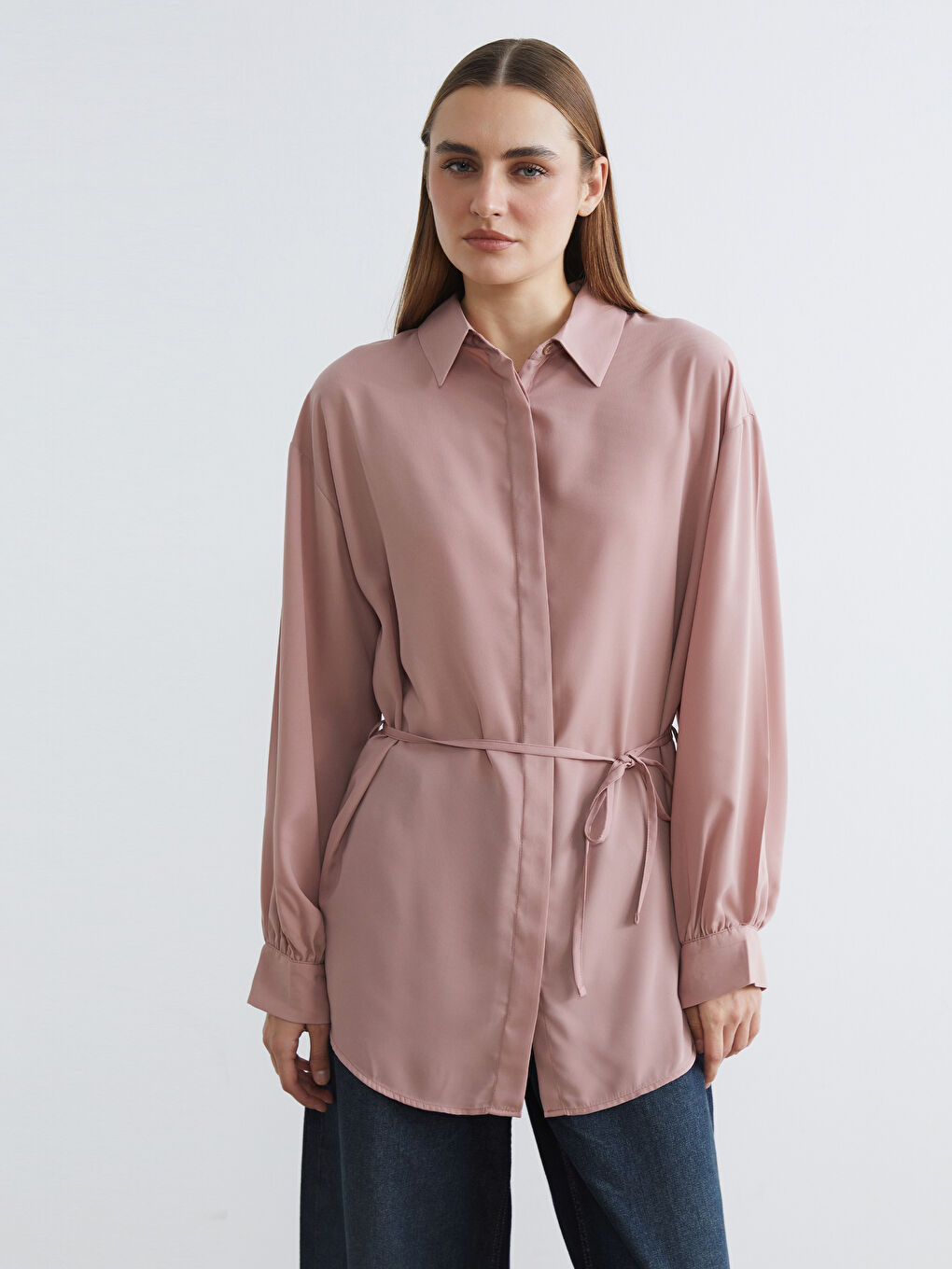 Pembe Beli Kuşaklı Kadın Gömlek Tunik