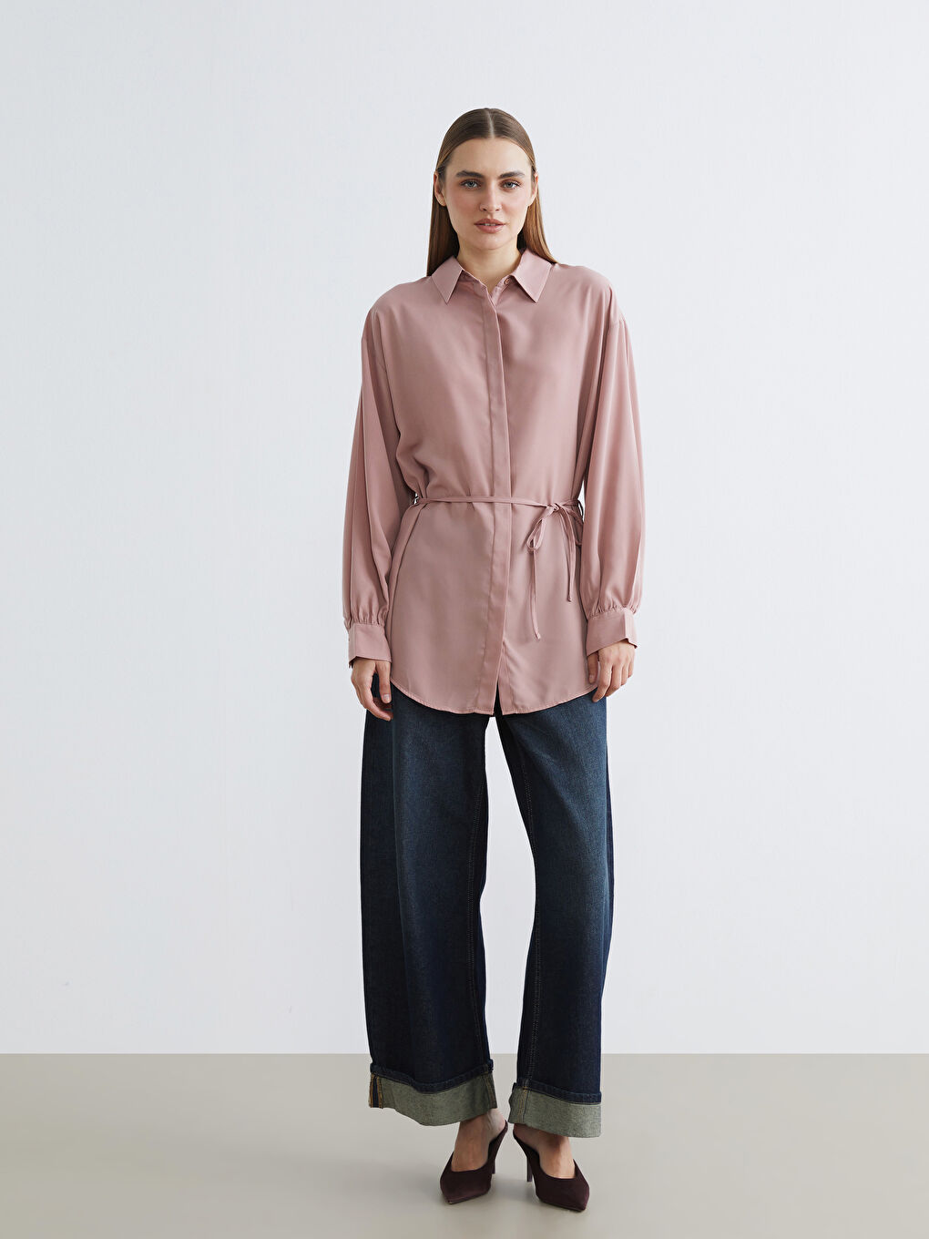 Pembe Beli Kuşaklı Kadın Gömlek Tunik-1