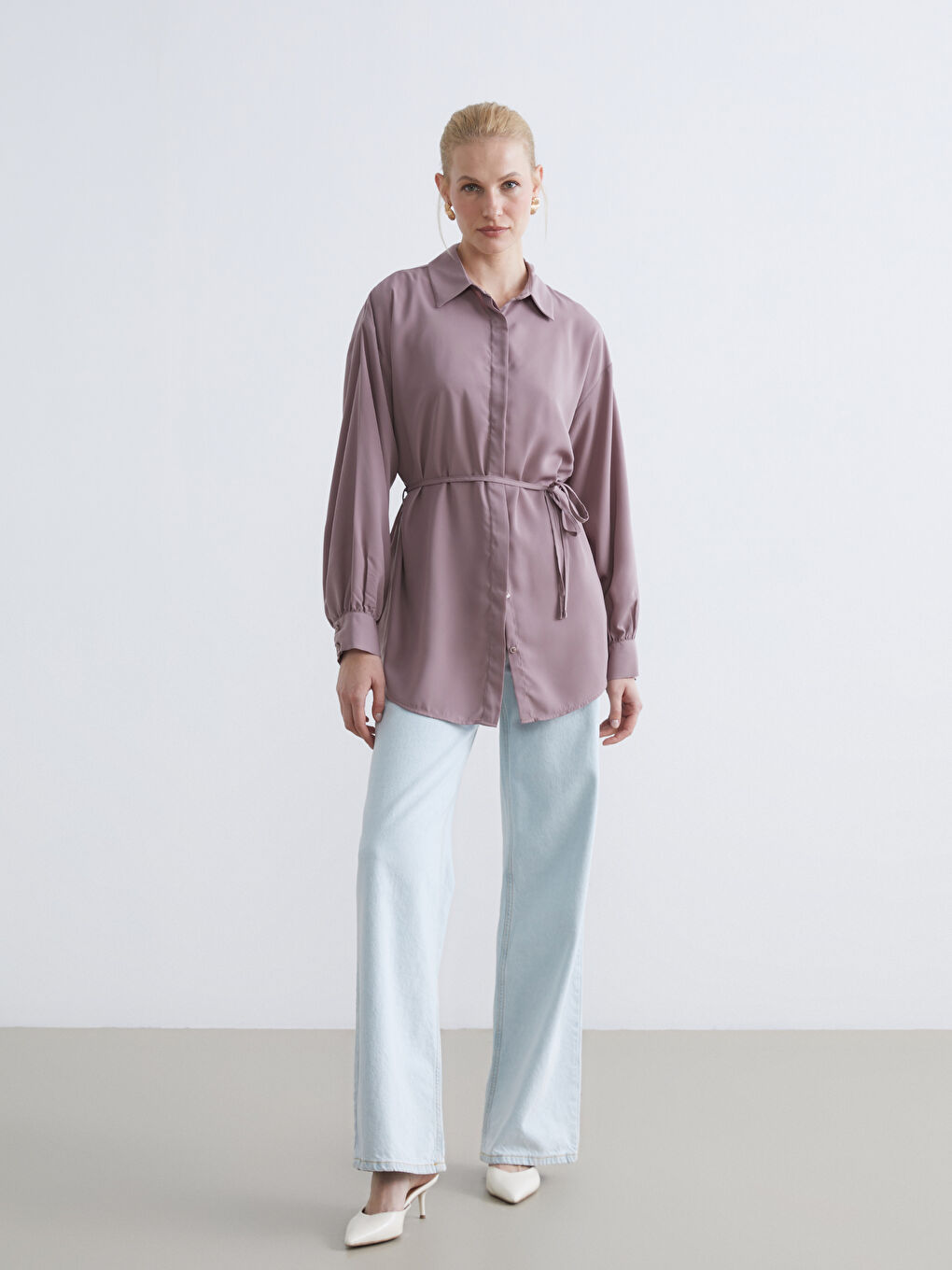 Pembe Beli Kuşaklı Kadın Gömlek Tunik-1