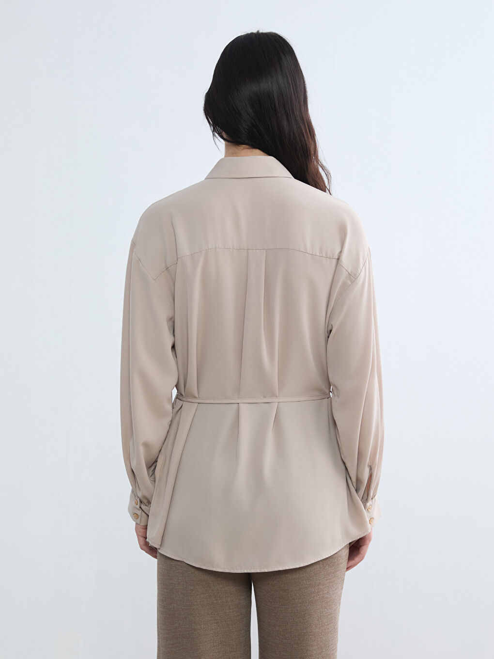 Ekru Beli Kuşaklı Kadın Gömlek Tunik-3