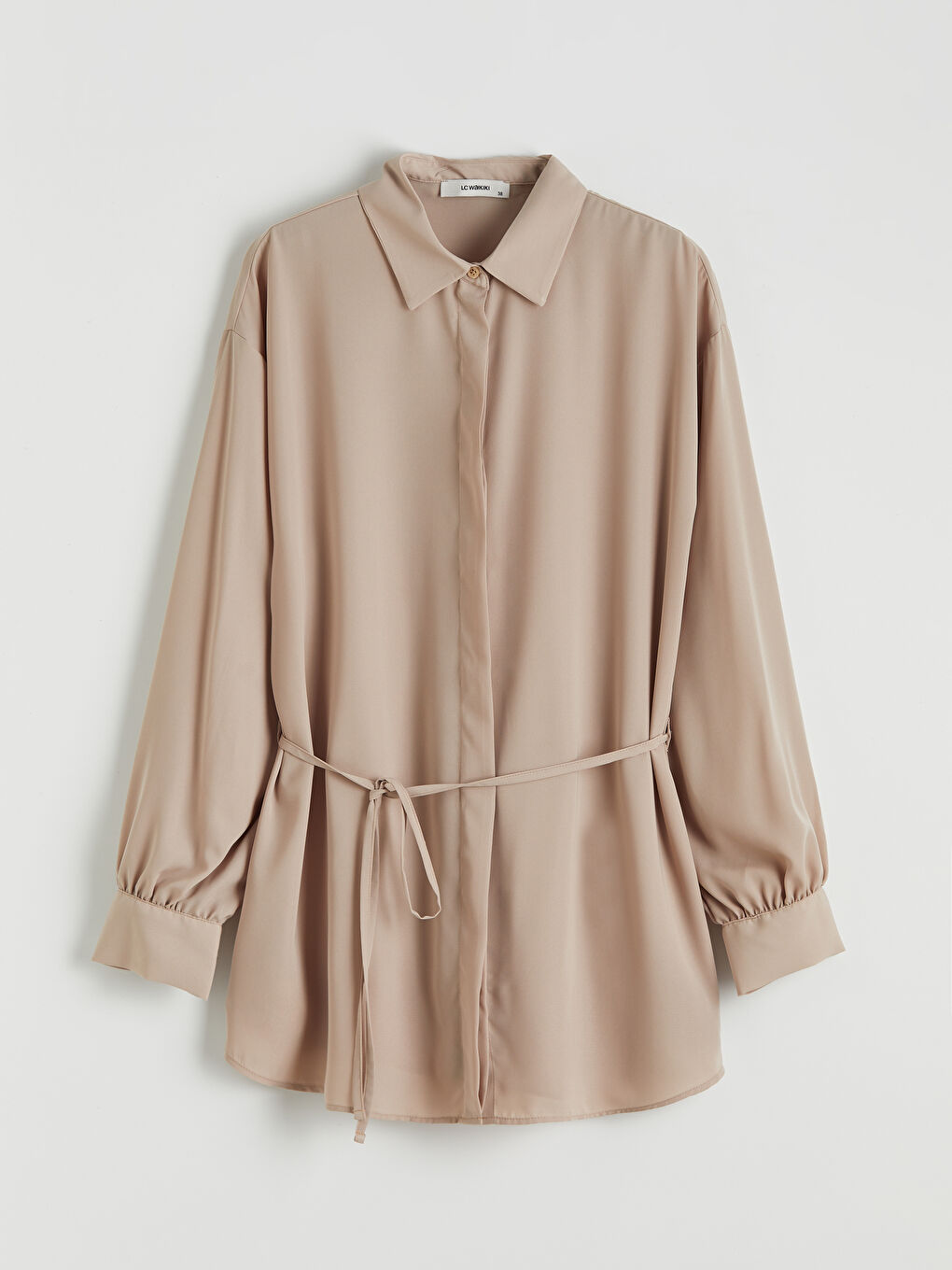 Ekru Beli Kuşaklı Kadın Gömlek Tunik-4