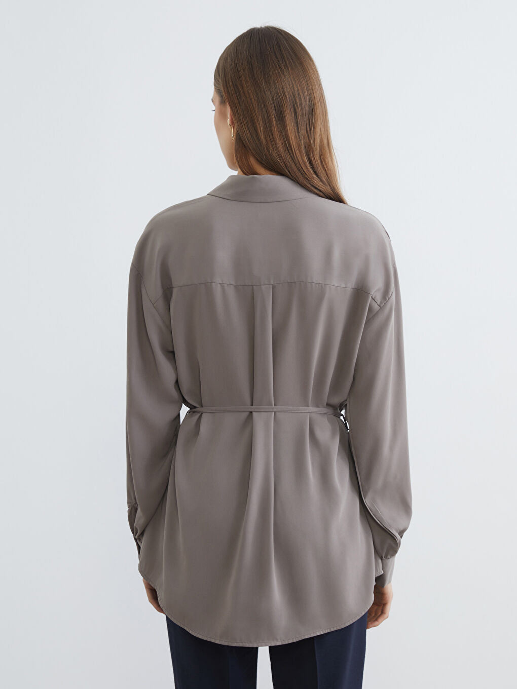 Kahverengi Beli Kuşaklı Kadın Gömlek Tunik-3