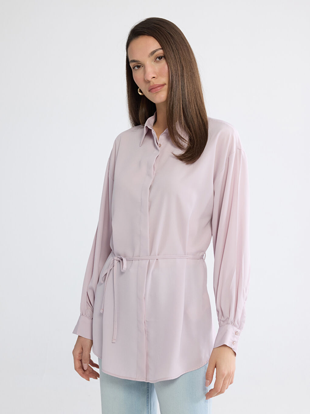 Pembe Beli Kuşaklı Kadın Gömlek Tunik