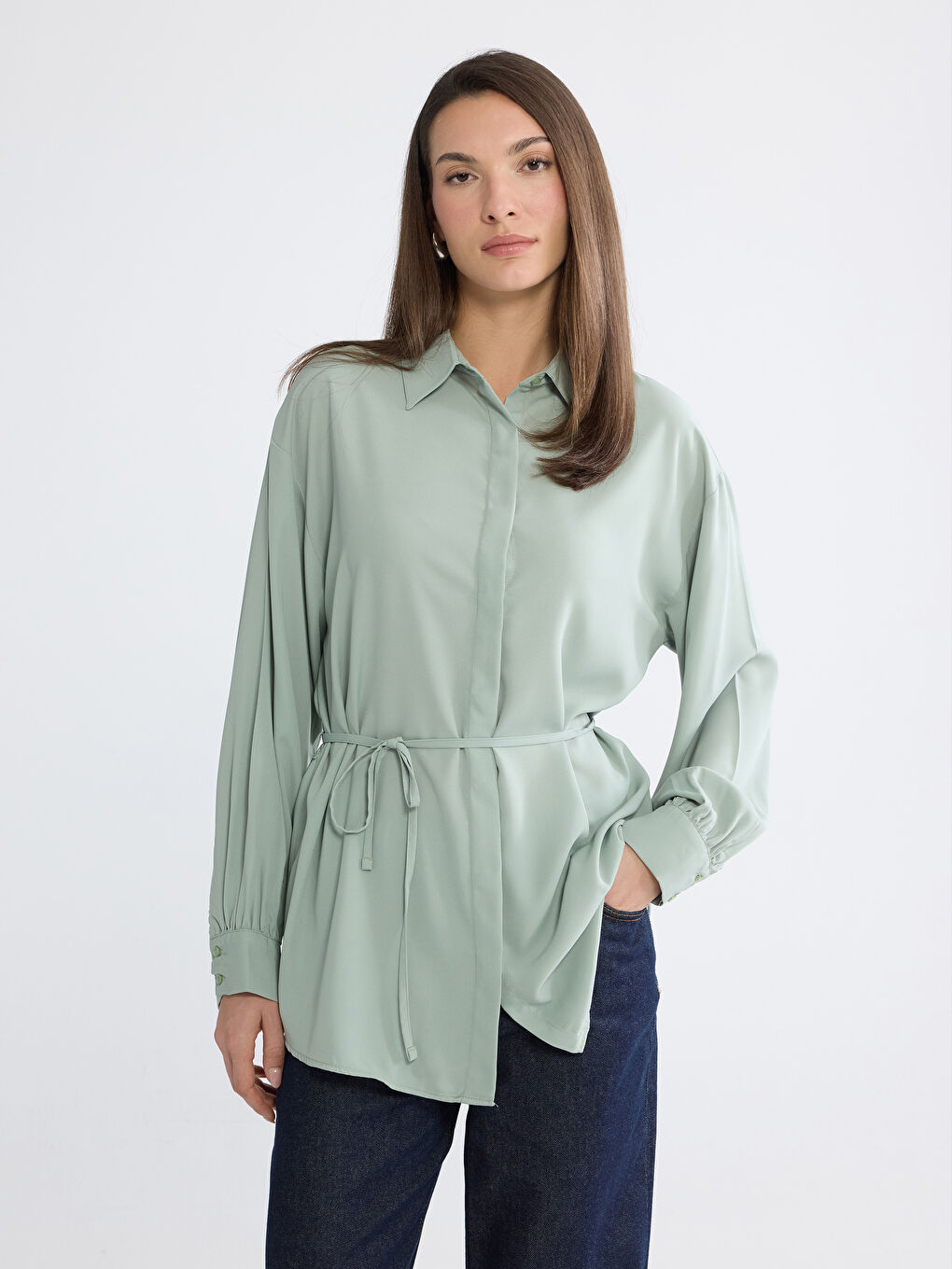 Yeşil Beli Kuşaklı Kadın Gömlek Tunik