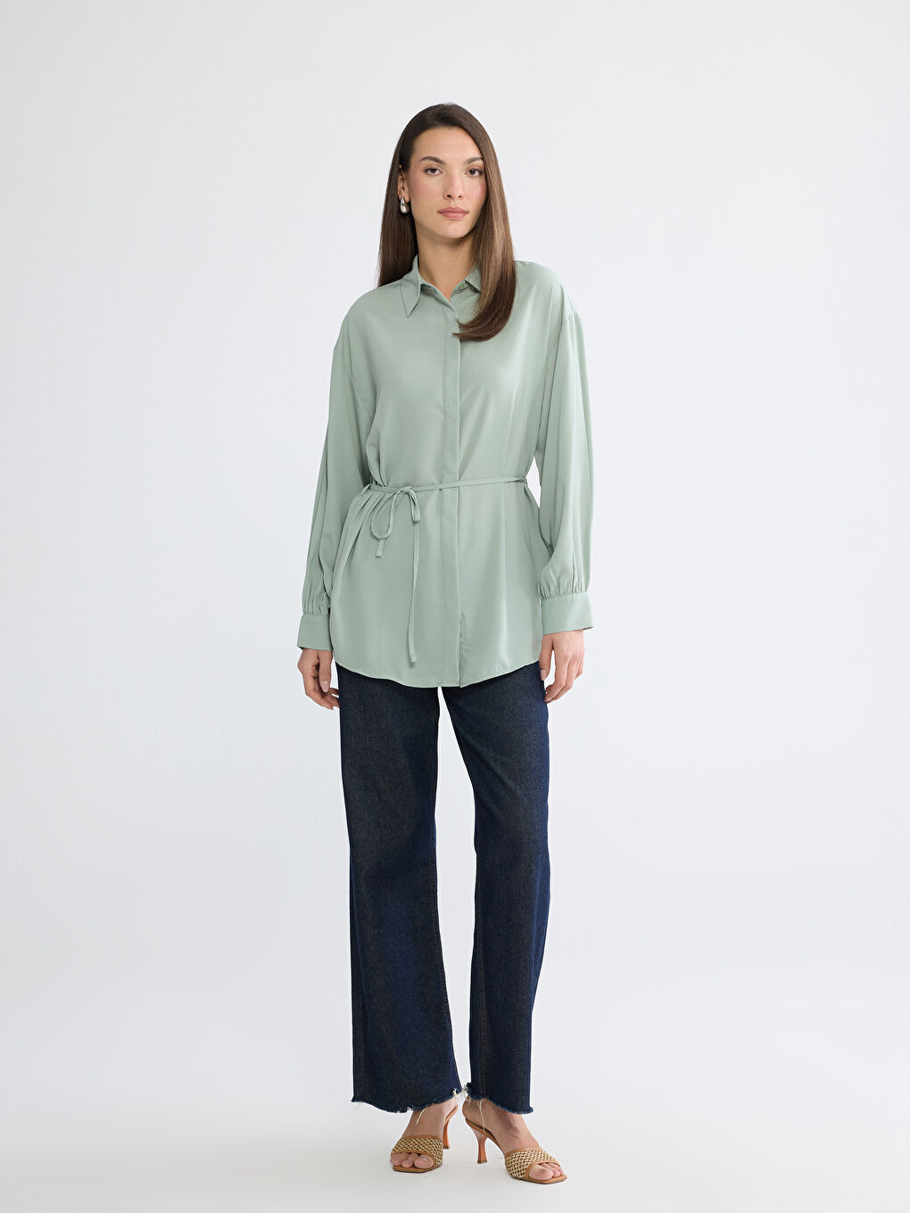Yeşil Beli Kuşaklı Kadın Gömlek Tunik-1