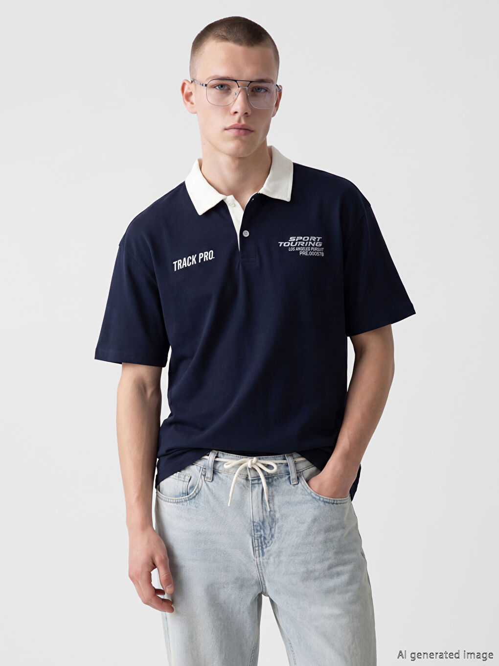 Lacivert Polo Yaka Baskılı Erkek Tişört