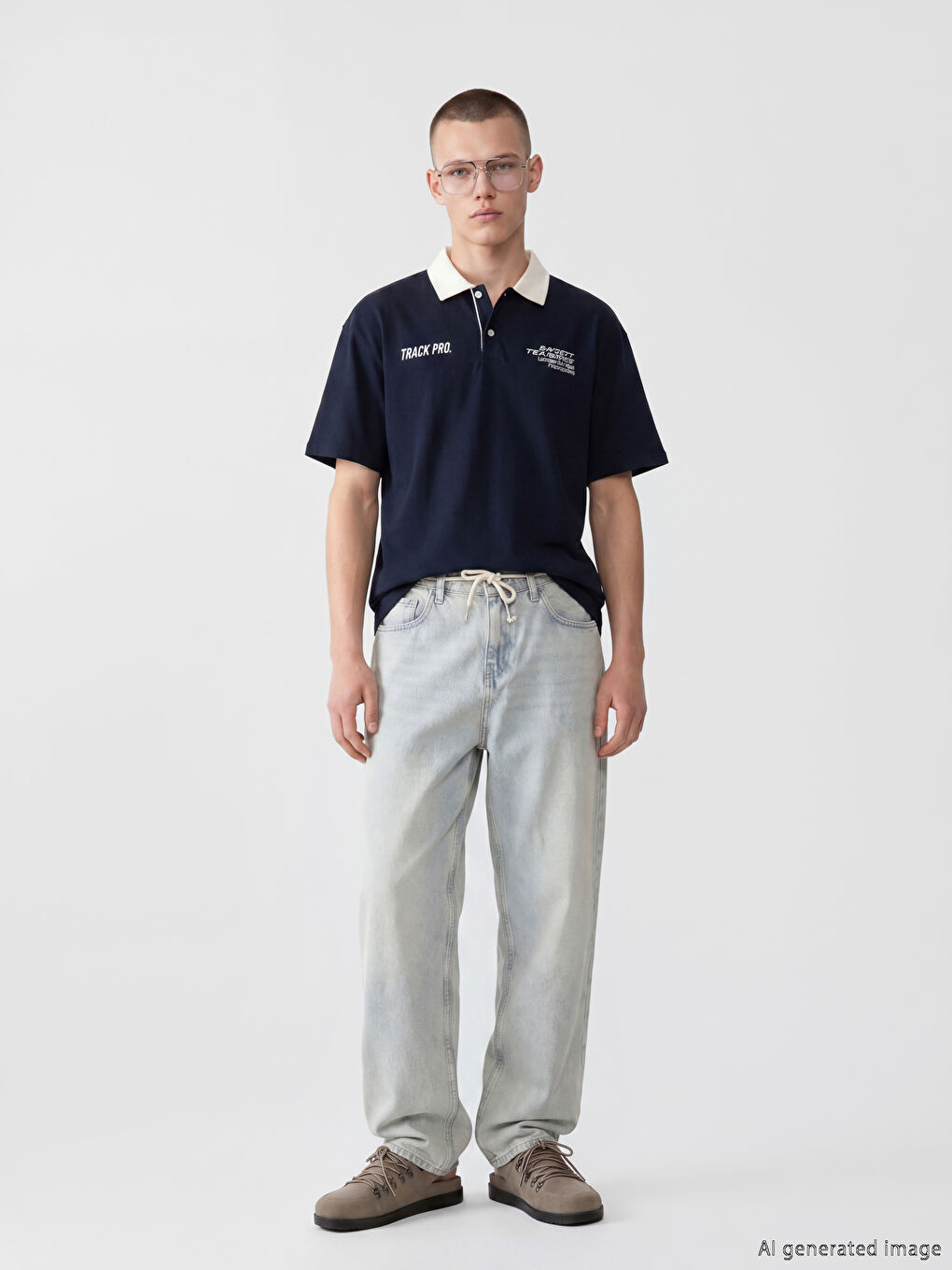 Lacivert Polo Yaka Baskılı Erkek Tişört-1