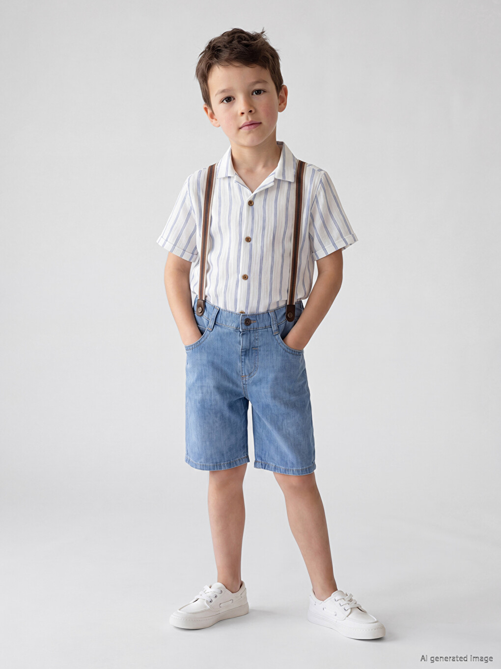 İndigo Askılı Erkek Çocuk Jean Şort-1