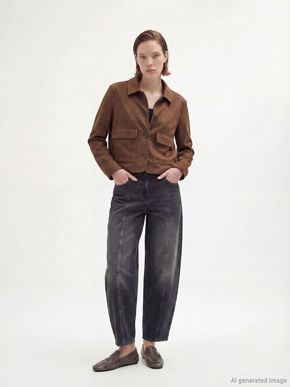 Haki Gömlek Yaka Kadın Süet Görünümlü Ceket-1