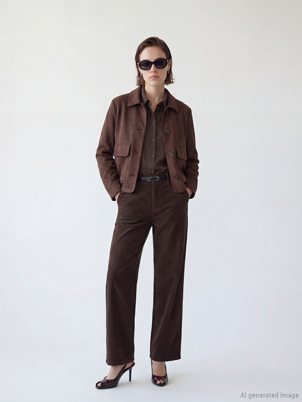 Kahverengi Gömlek Yaka Kadın Süet Görünümlü Ceket-1