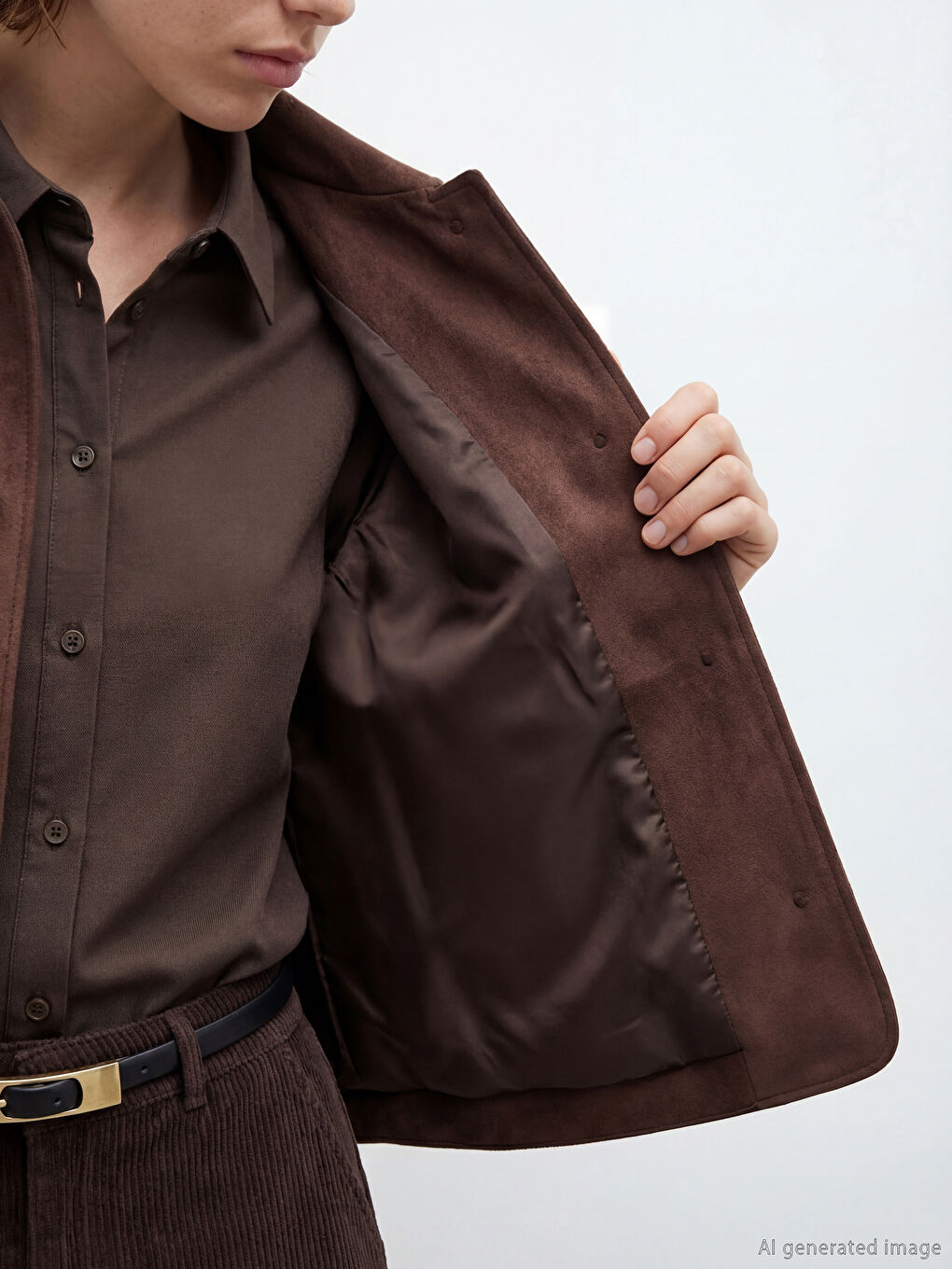 Kahverengi Gömlek Yaka Kadın Süet Görünümlü Ceket-2