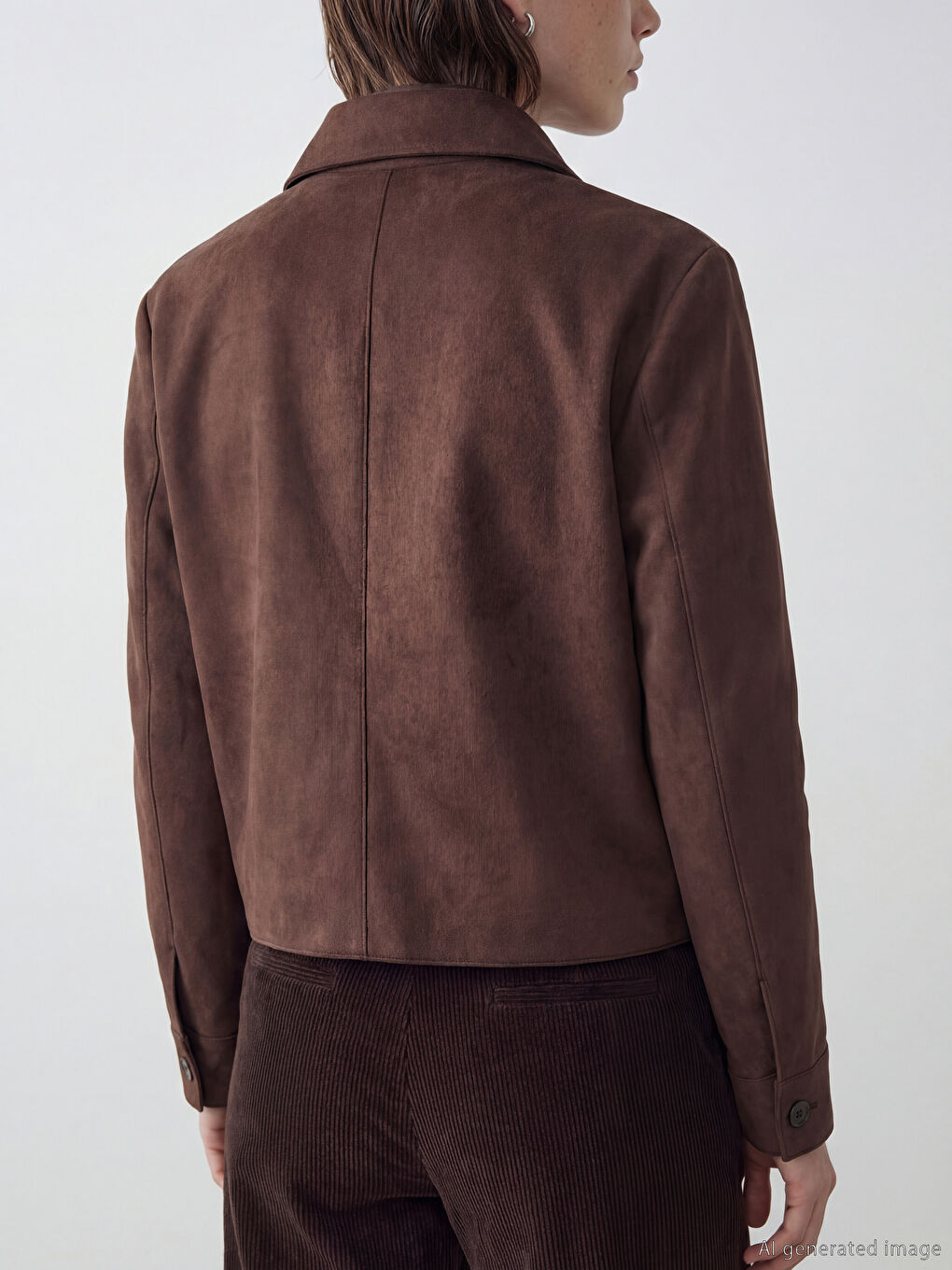 Kahverengi Gömlek Yaka Kadın Süet Görünümlü Ceket-3