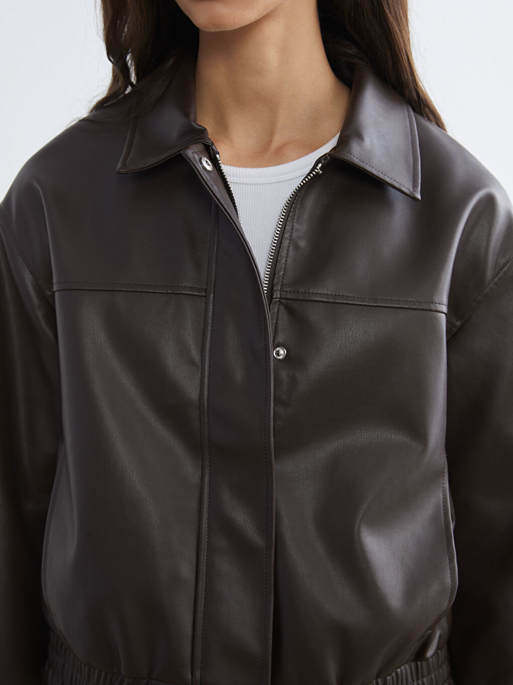 Kahverengi Gömlek Yaka Kadın Deri Görünümlü Ceket-2