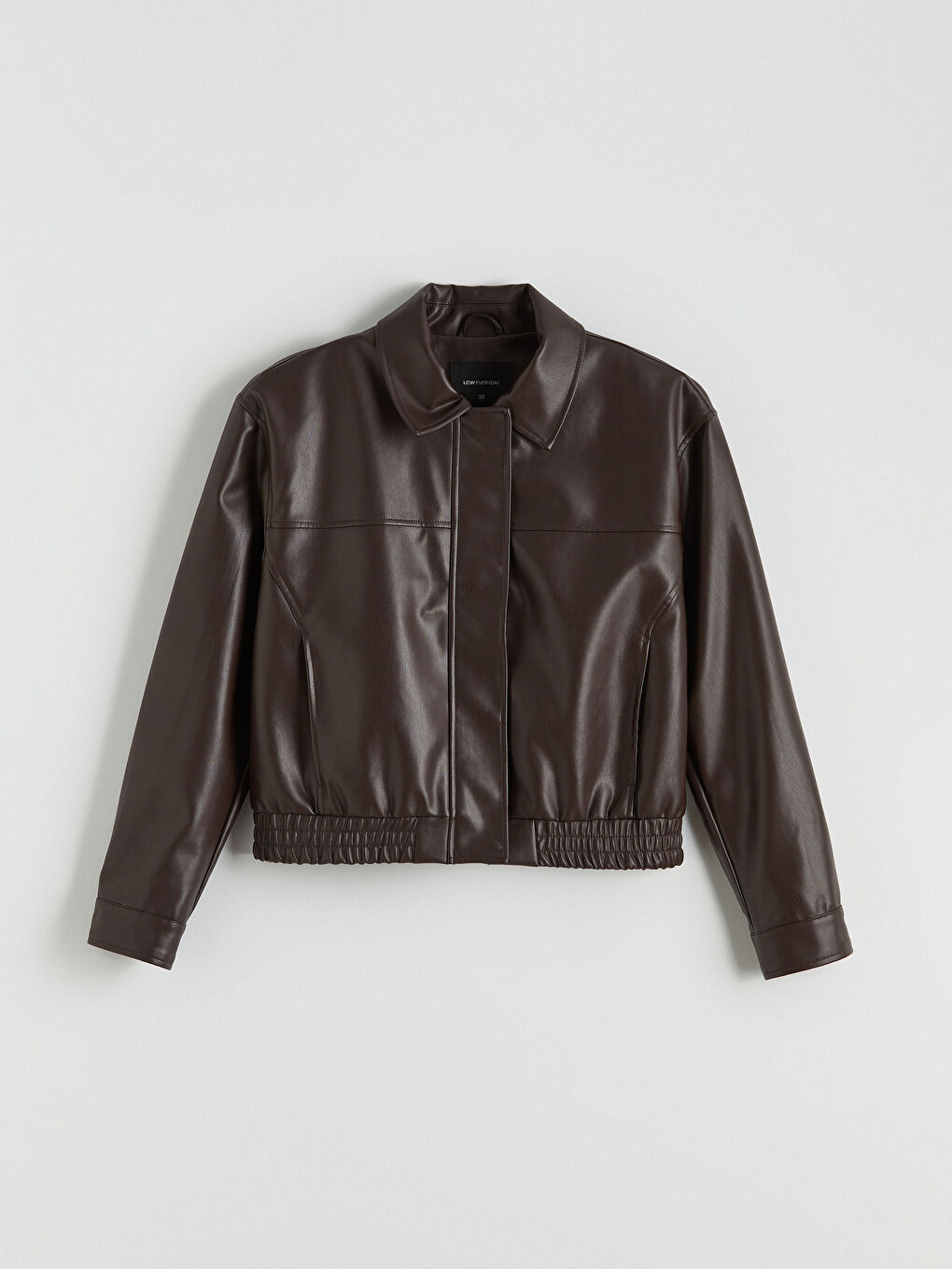 Kahverengi Gömlek Yaka Kadın Deri Görünümlü Ceket-5