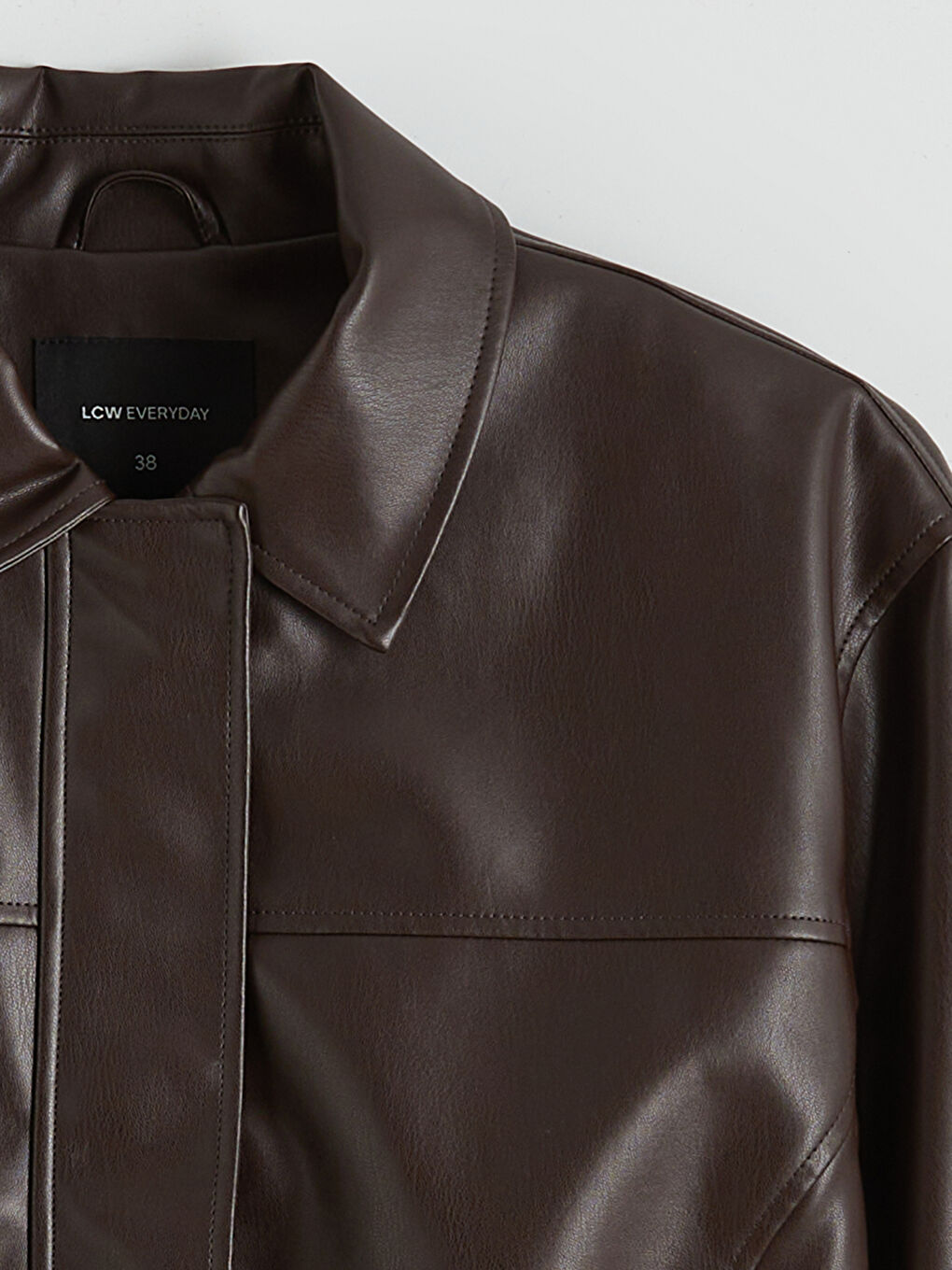 Kahverengi Gömlek Yaka Kadın Deri Görünümlü Ceket-7