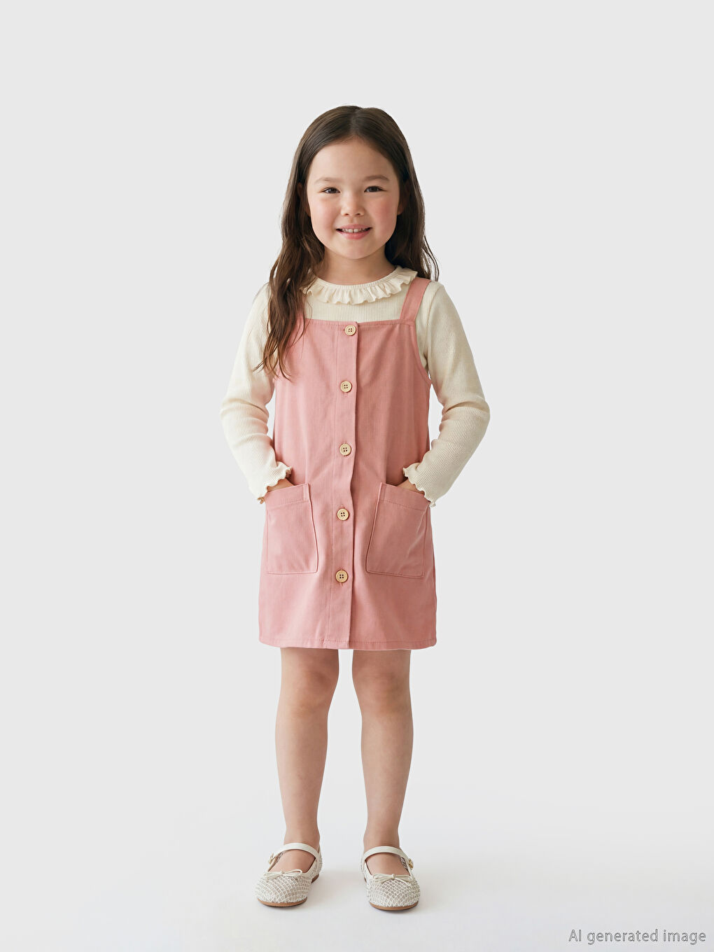 Pembe Önden Düğmeli Kız Çocuk Salopet Elbise