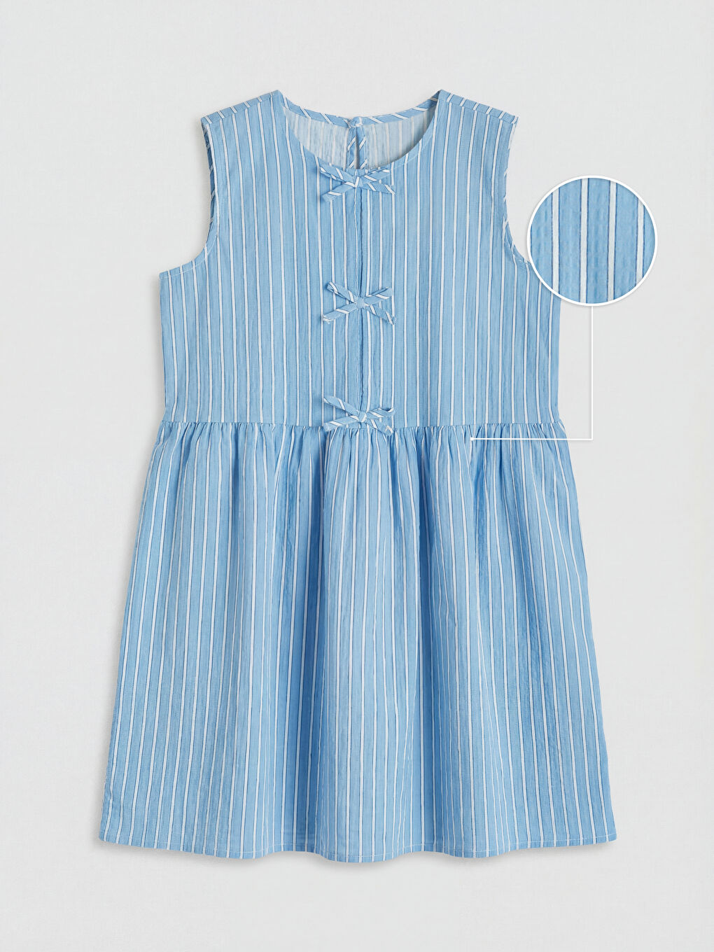 Mavi Fiyonk Detaylı Kız Çocuk Çizgili Elbise