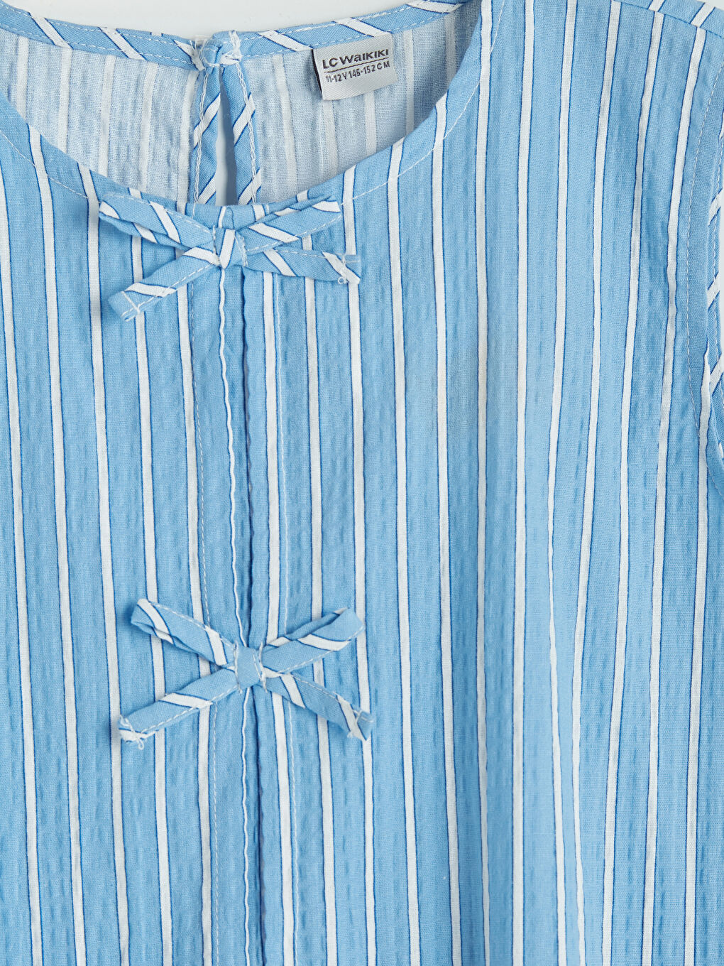 Mavi Fiyonk Detaylı Kız Çocuk Çizgili Elbise-2