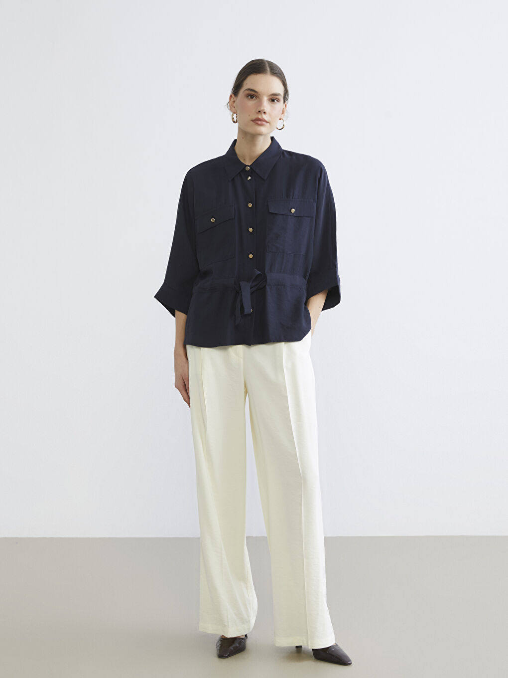 Lacivert Beli Bağlamalı Oversize Kadın Gömlek-1