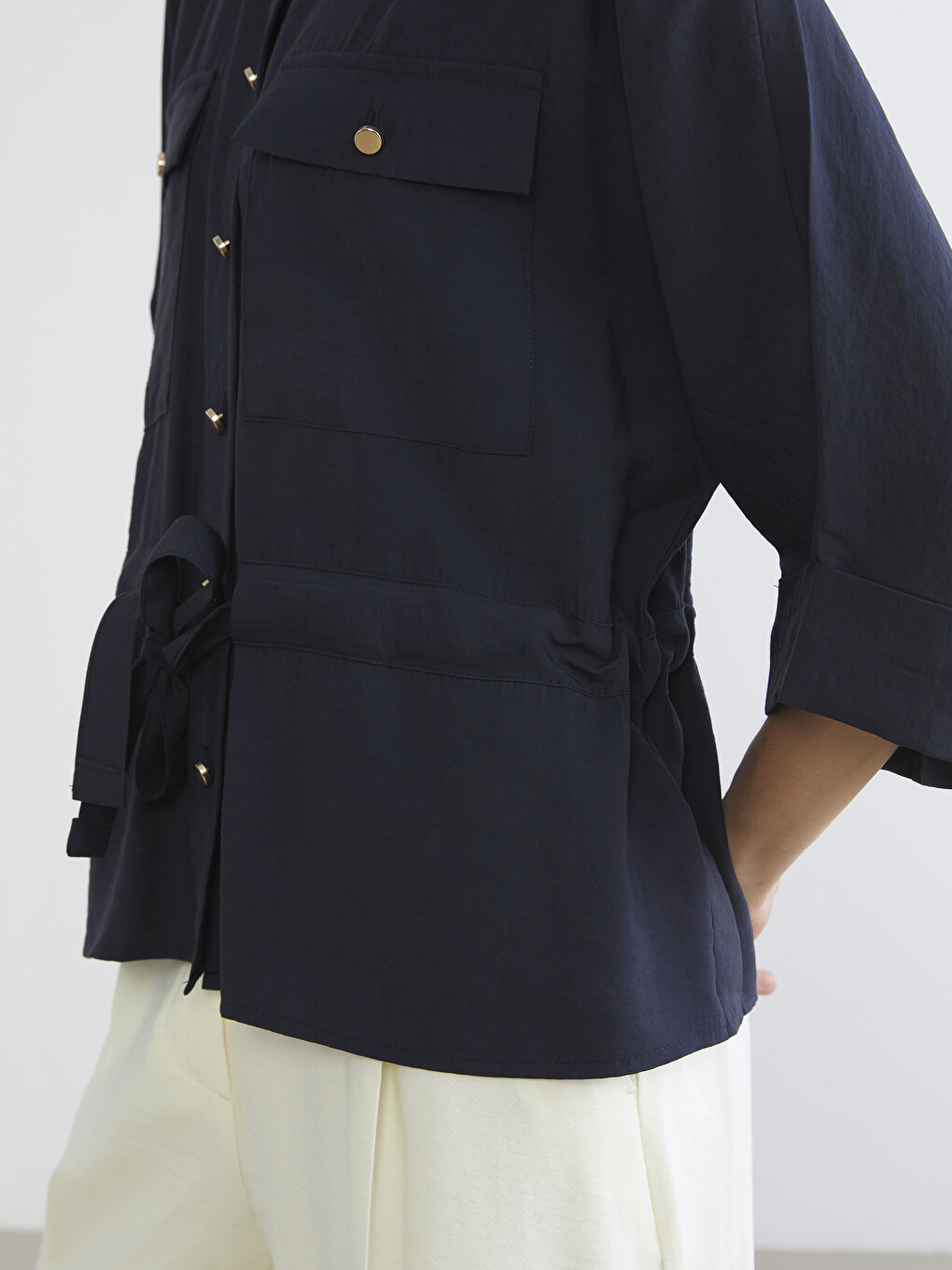 Lacivert Beli Bağlamalı Oversize Kadın Gömlek-2