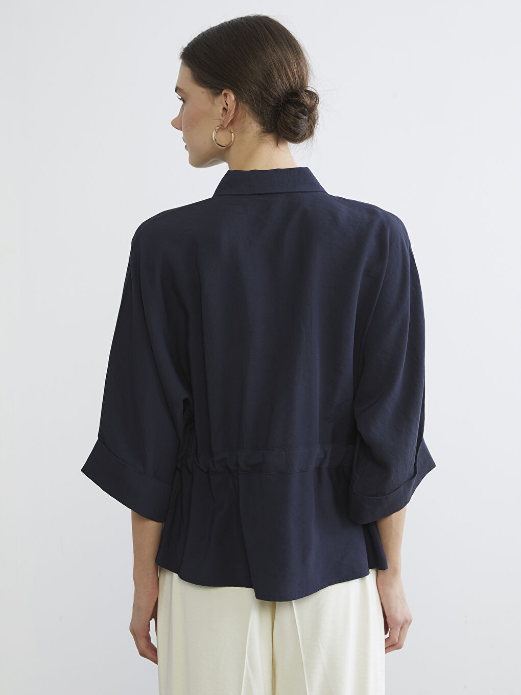 Lacivert Beli Bağlamalı Oversize Kadın Gömlek-3
