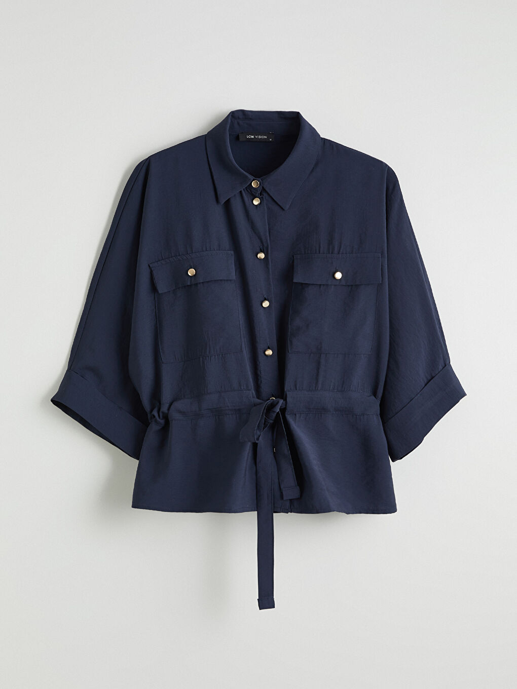 Lacivert Beli Bağlamalı Oversize Kadın Gömlek-4