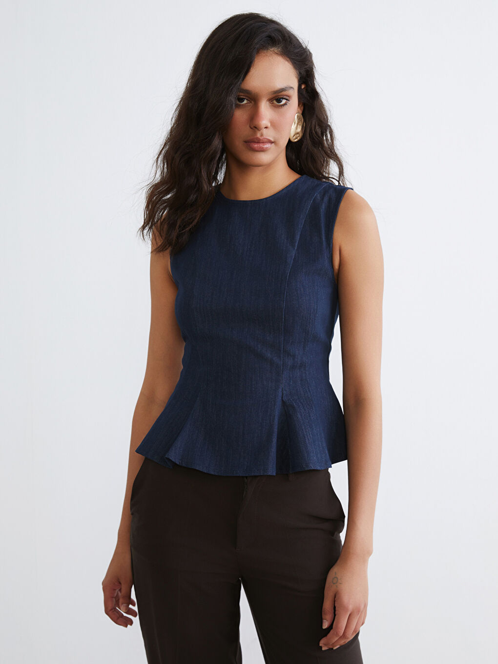 İndigo Bisiklet Yaka Peplum Jean Bluz