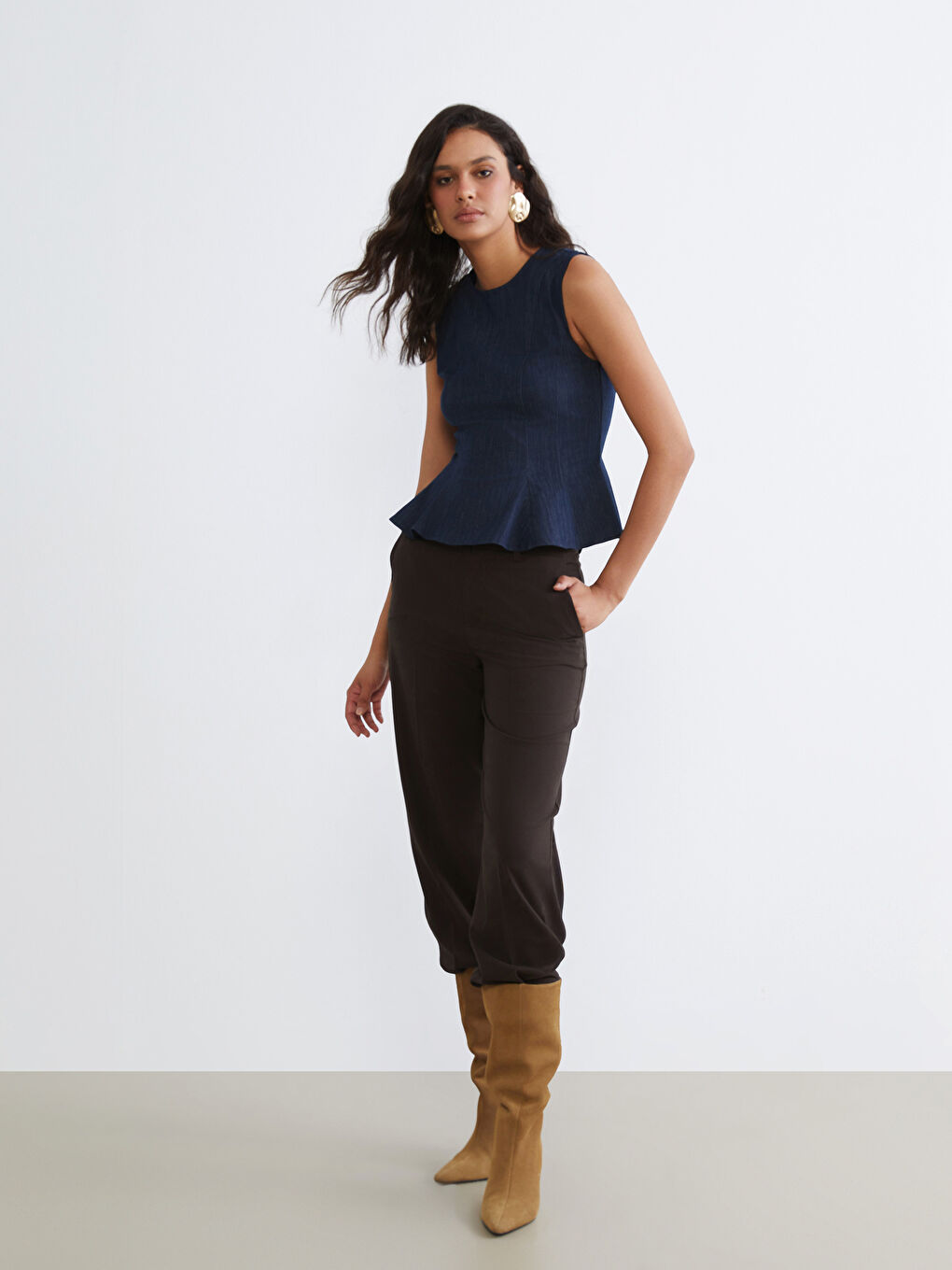 İndigo Bisiklet Yaka Peplum Jean Bluz-1
