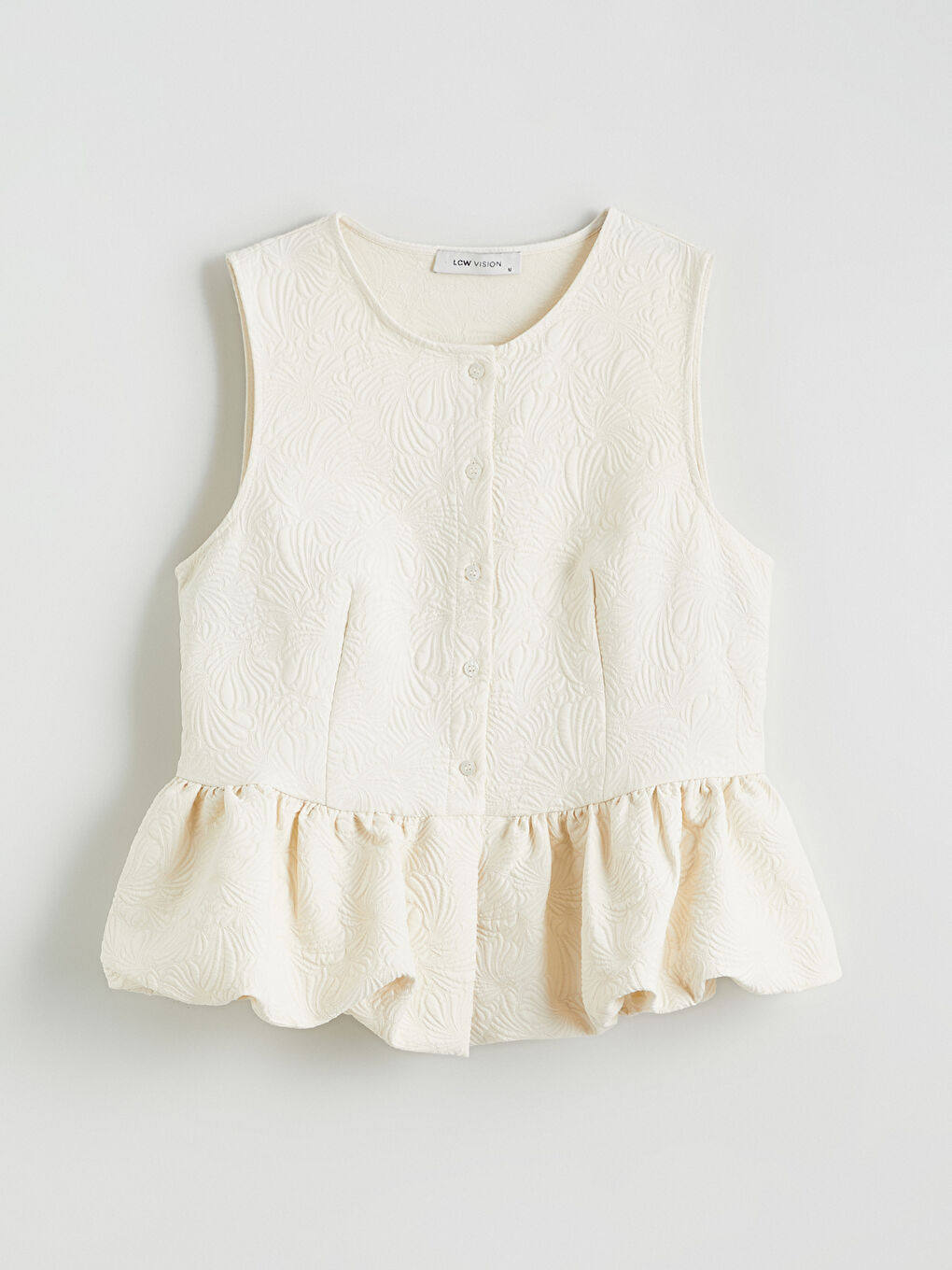 Ekru Bisiklet Yaka Desenli Fırfırlı Bluz-5