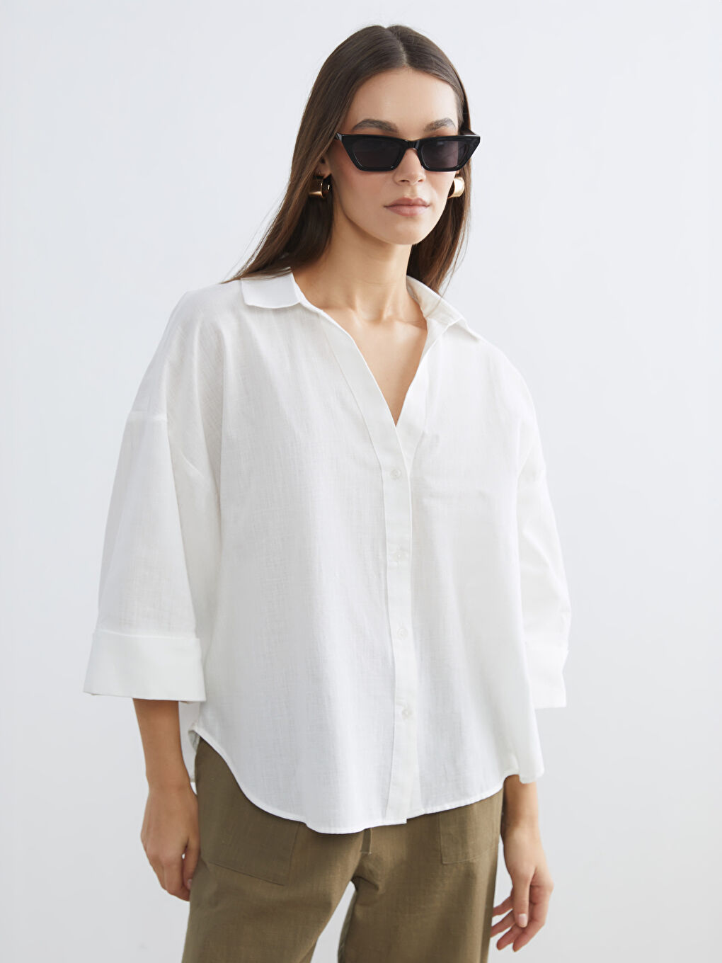 Ekru Oversize Poplin Kadın Gömlek