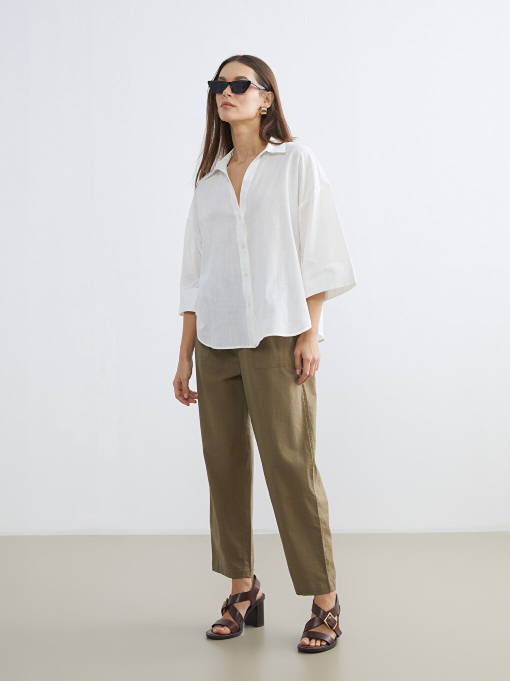 Ekru Oversize Poplin Kadın Gömlek-1