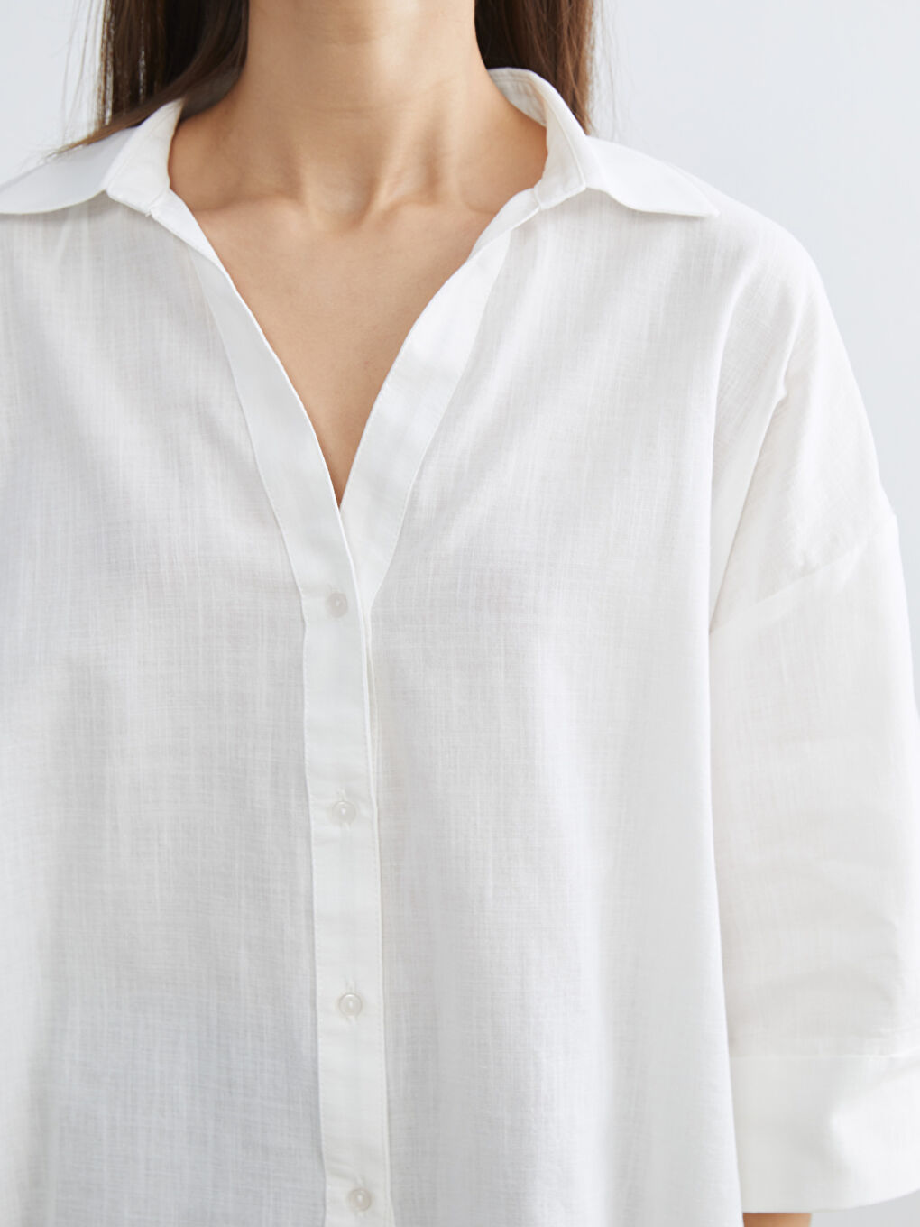 Ekru Oversize Poplin Kadın Gömlek-2