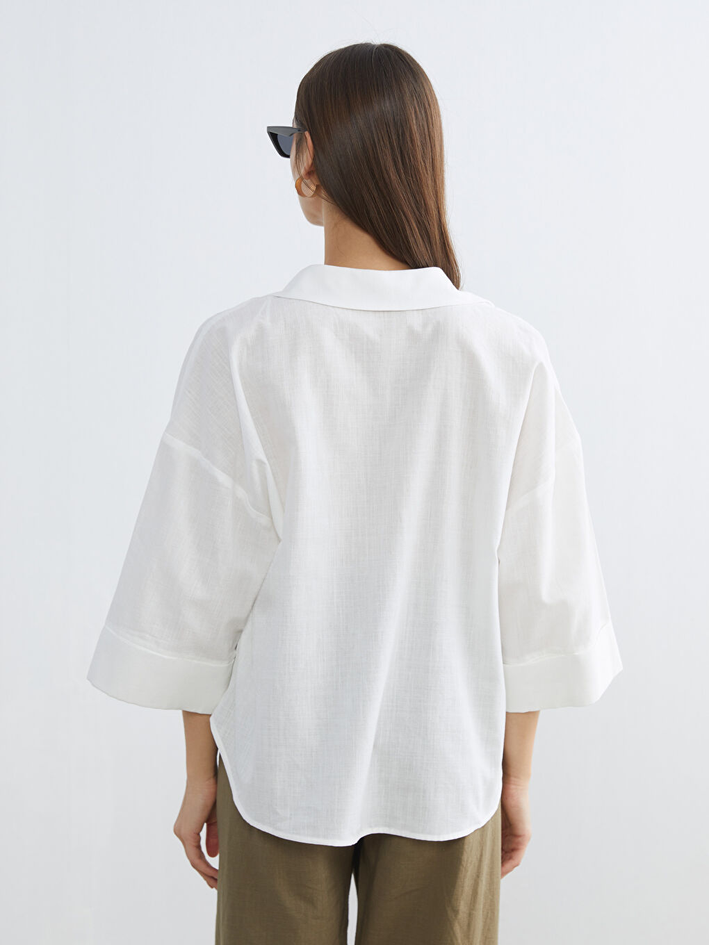 Ekru Oversize Poplin Kadın Gömlek-3