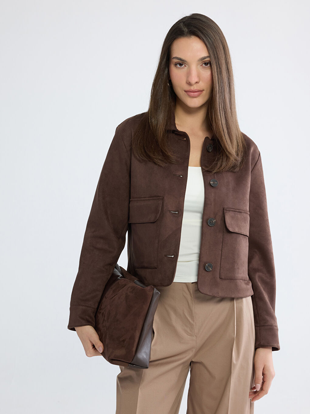 Shirt Collar Women's Suede Look Jacket