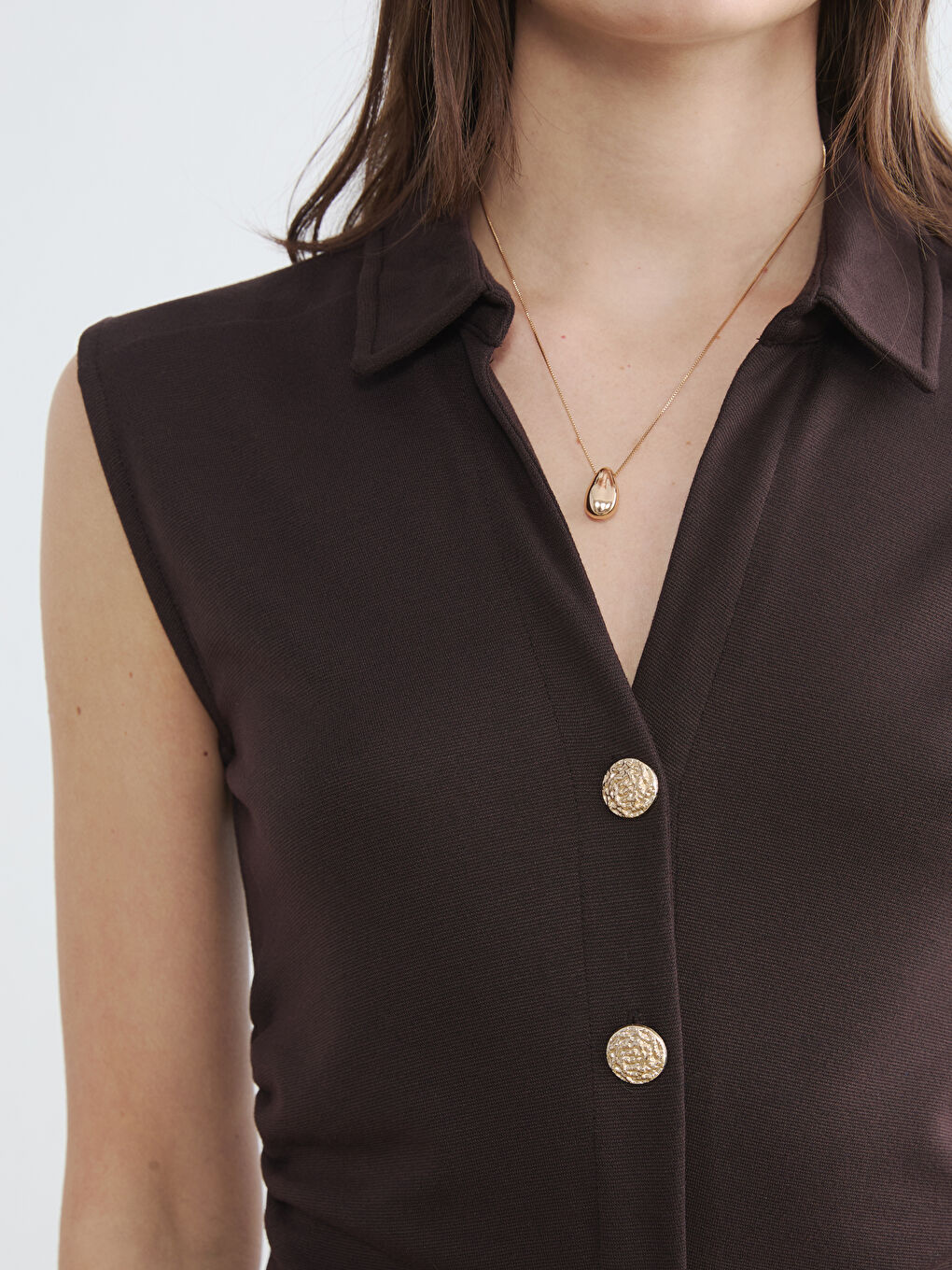 Kahverengi Gömlek Yaka Büzgülü Elbise-3