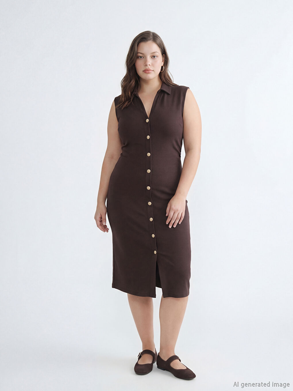 Kahverengi Gömlek Yaka Büzgülü Elbise-1