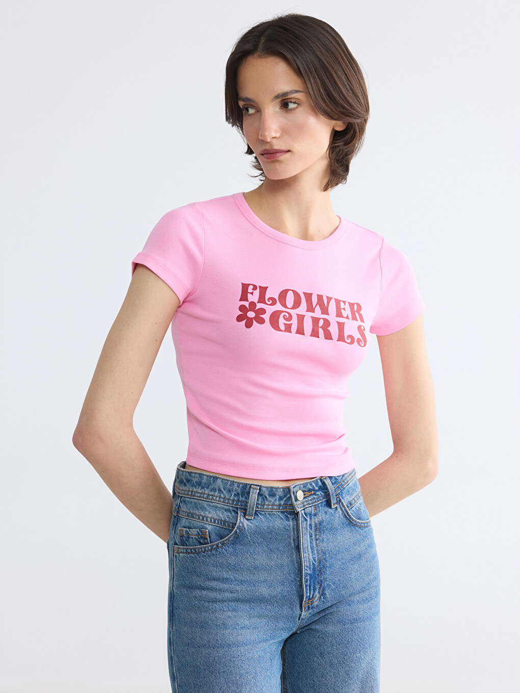 Pembe Bisiklet Yaka Baskılı Kadın Tişört