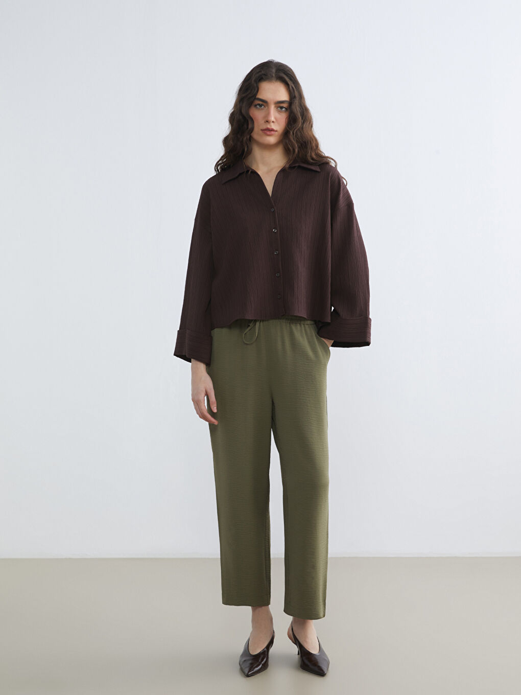 Kahverengi Çizgili Oversize Kadın Gömlek-1