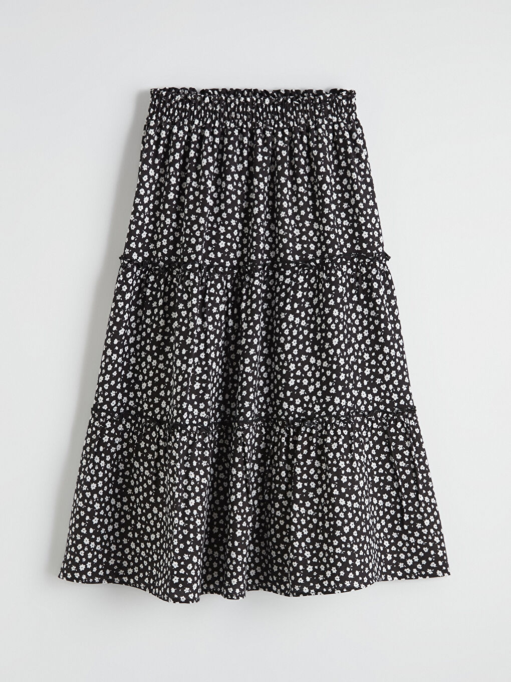 Siyah Beli Lastikli Çiçek Desenli Kız Çocuk Etek