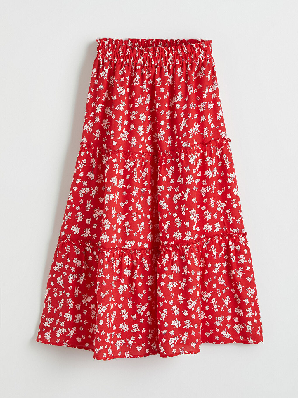 Kırmızı Beli Lastikli Çiçekli Kız Çocuk Etek