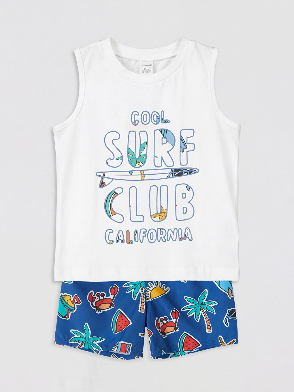 Beyaz California Baskılı Erkek Çocuk Atlet ve Deniz Şortu
