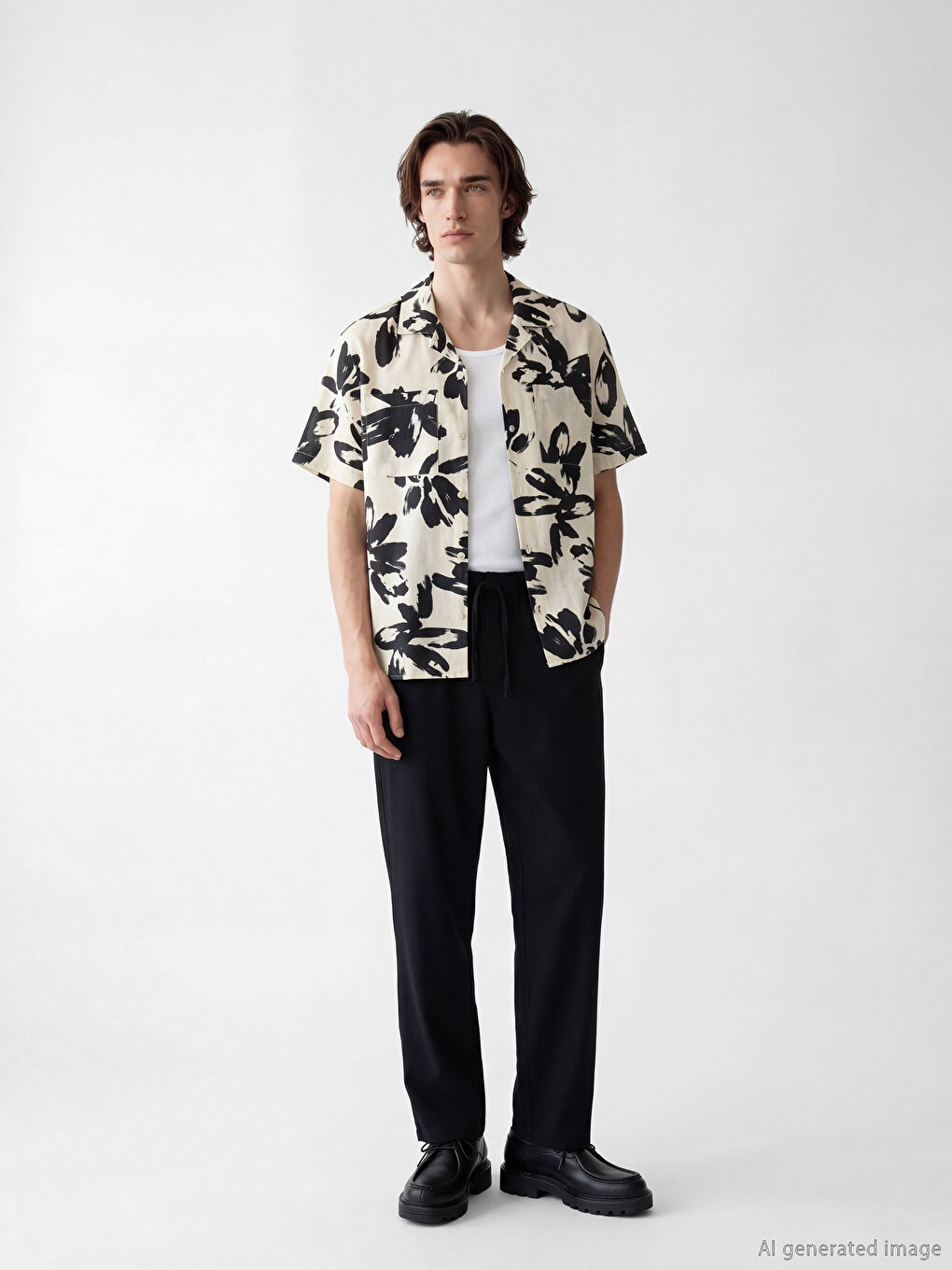 Ekru Regular Fit Desenli Poplin Erkek Gömlek-1